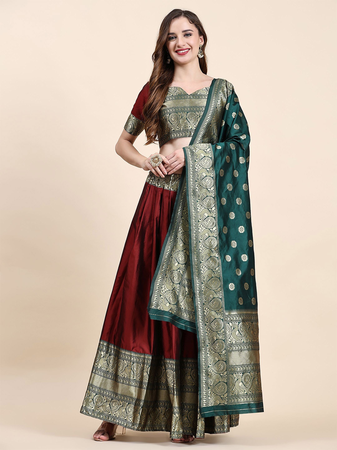 

Phenav Woven Design Zari Ready to Wear Lehenga & Blouse With Dupatta, Maroon