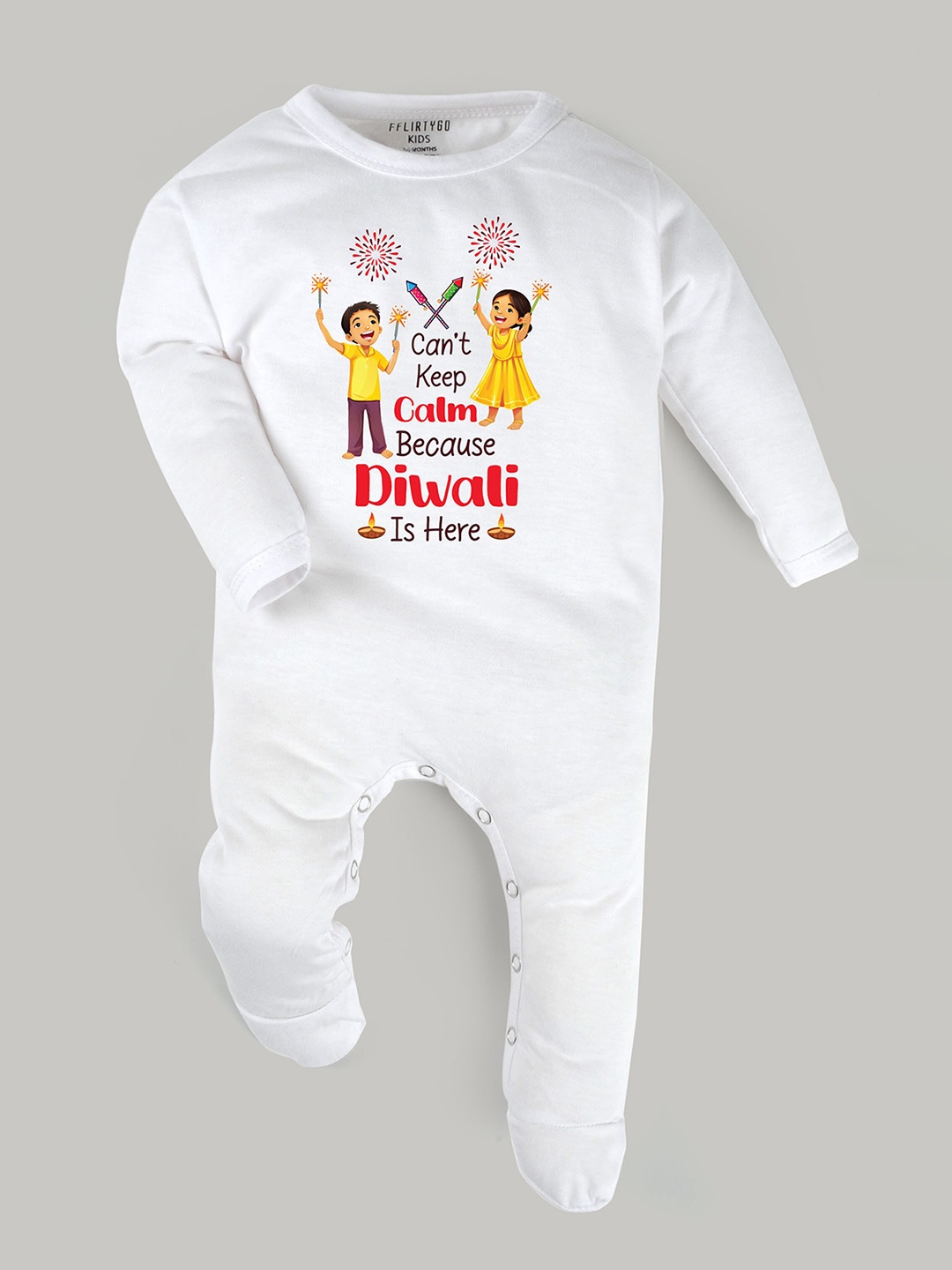 

FFLIRTYGO Infant Kids Diwali Special Printed Pure Cotton Sleepsuit, White