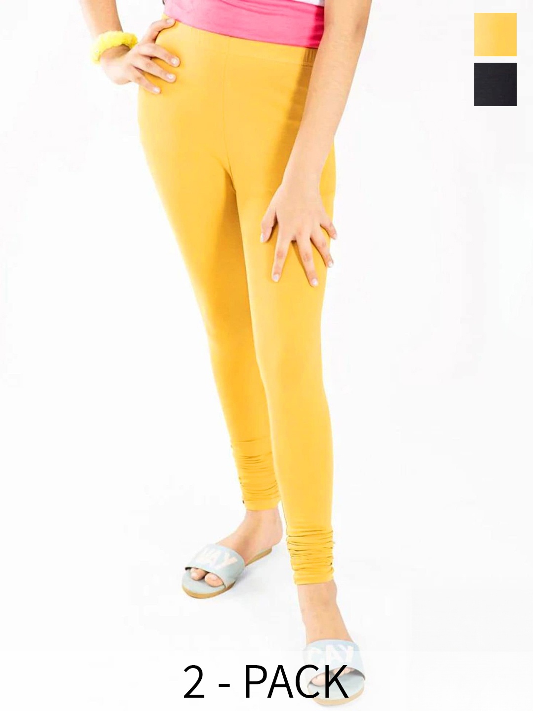 

FRENCH KLEIDER Girls Pack Of 2 Pure Cotton Churidar Length Leggings, Yellow