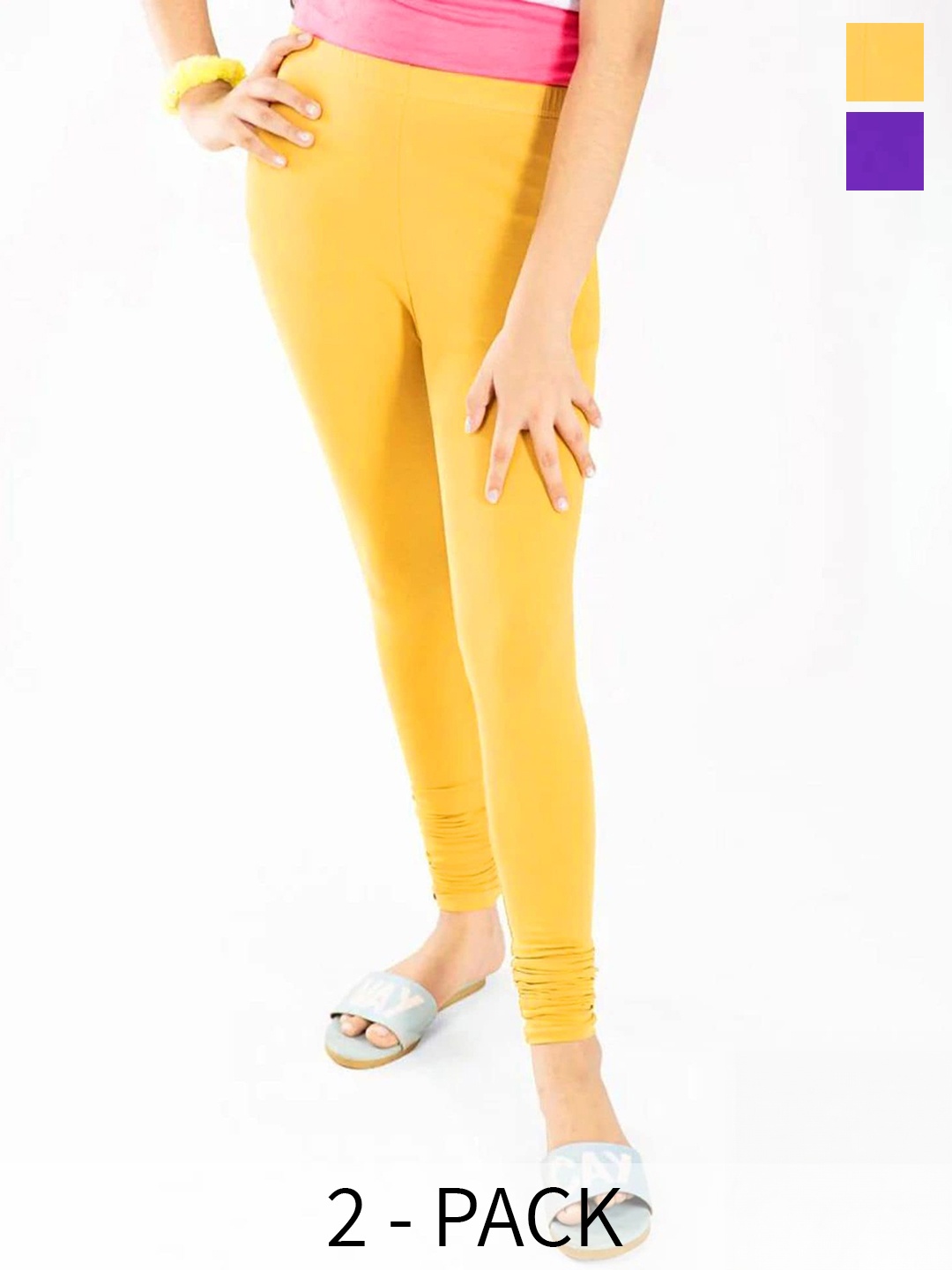 

FRENCH KLEIDER Girls Pack Of 2 Pure Cotton Churidar Length Leggings, Yellow