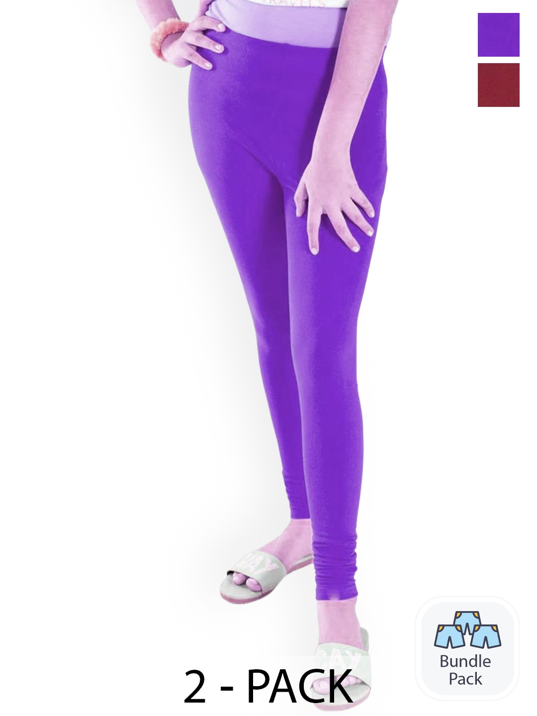 

FRENCH KLEIDER Girls Pack Of 2 Pure Cotton Churidar Length Leggings, Purple
