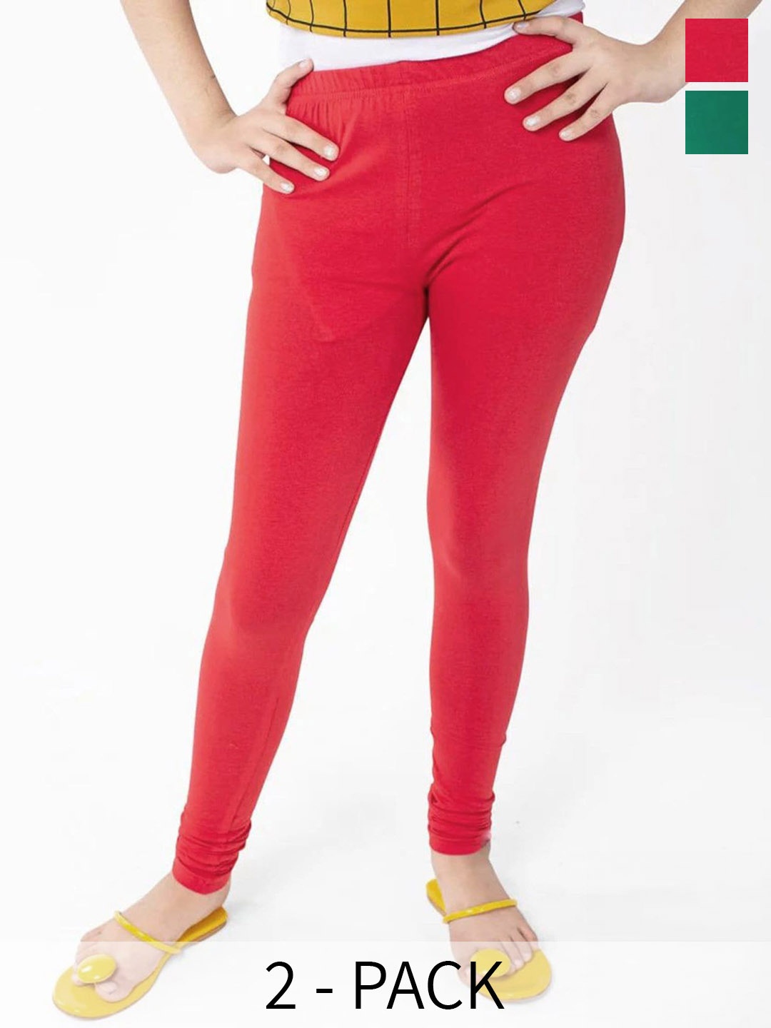 

FRENCH KLEIDER Girls Pack Of 2 Pure Cotton Churidar Length Leggings, Red