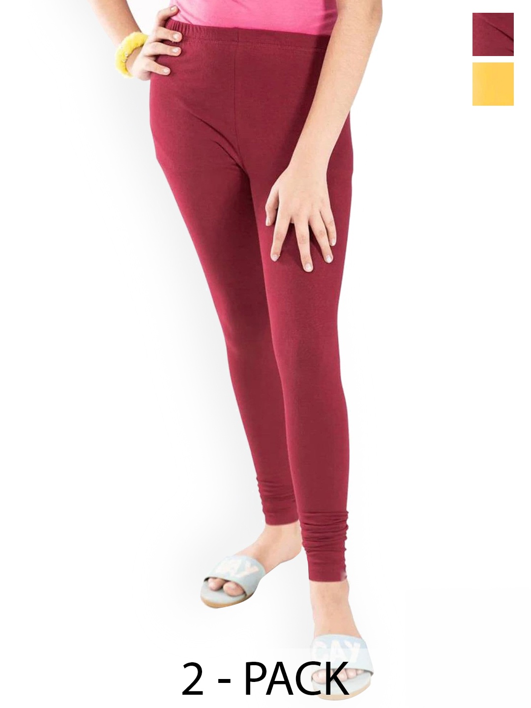 

FRENCH KLEIDER Girls Pack Of 2 Pure Cotton Churidar Length Leggings, Maroon