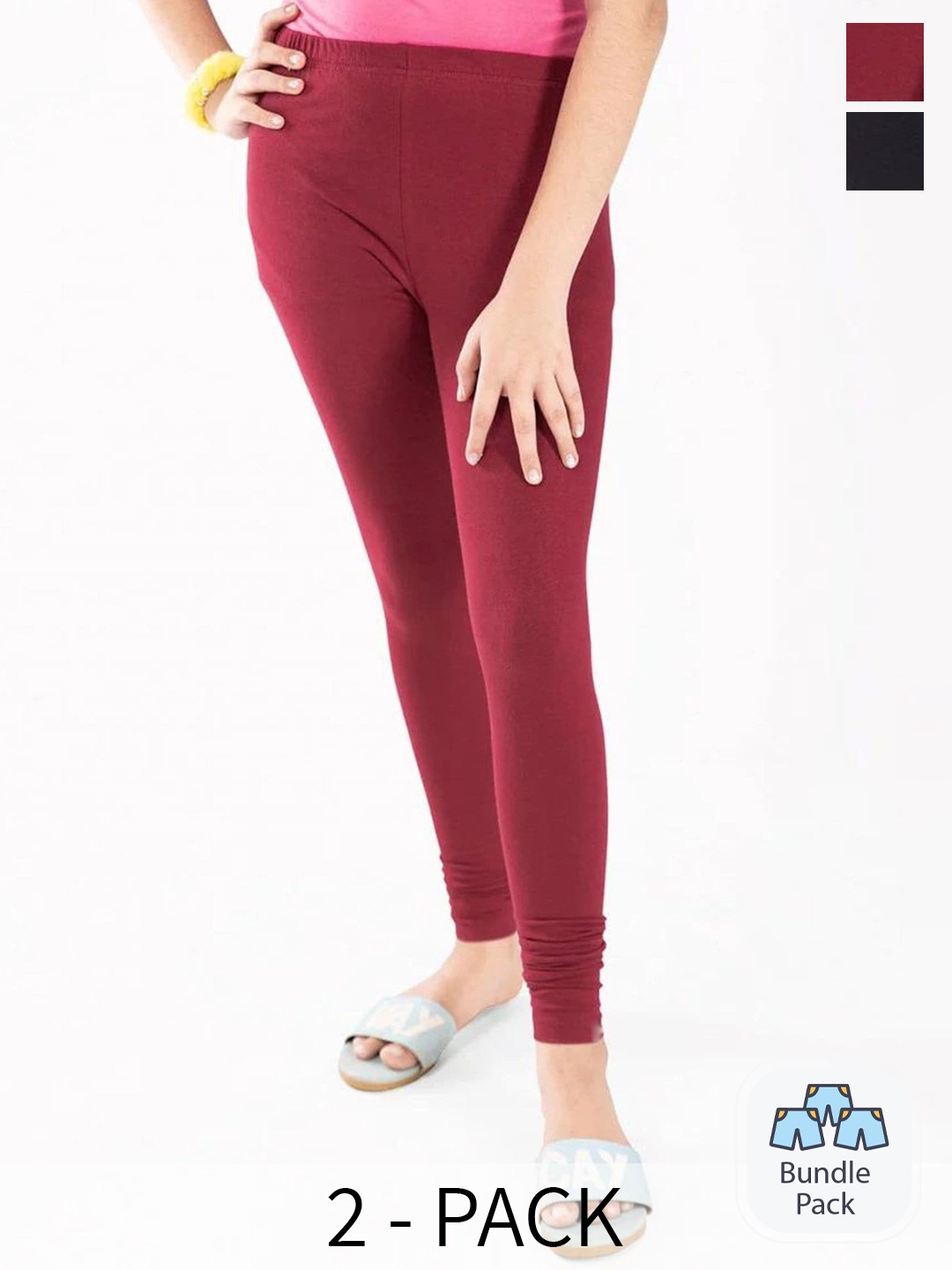 

FRENCH KLEIDER Girls Pack Of 2 Pure Cotton Churidar Length Leggings, Maroon