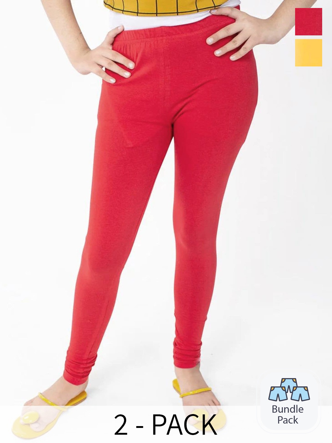 

FRENCH KLEIDER Girls Pack Of 2 Pure Cotton Churidar Length Leggings, Red