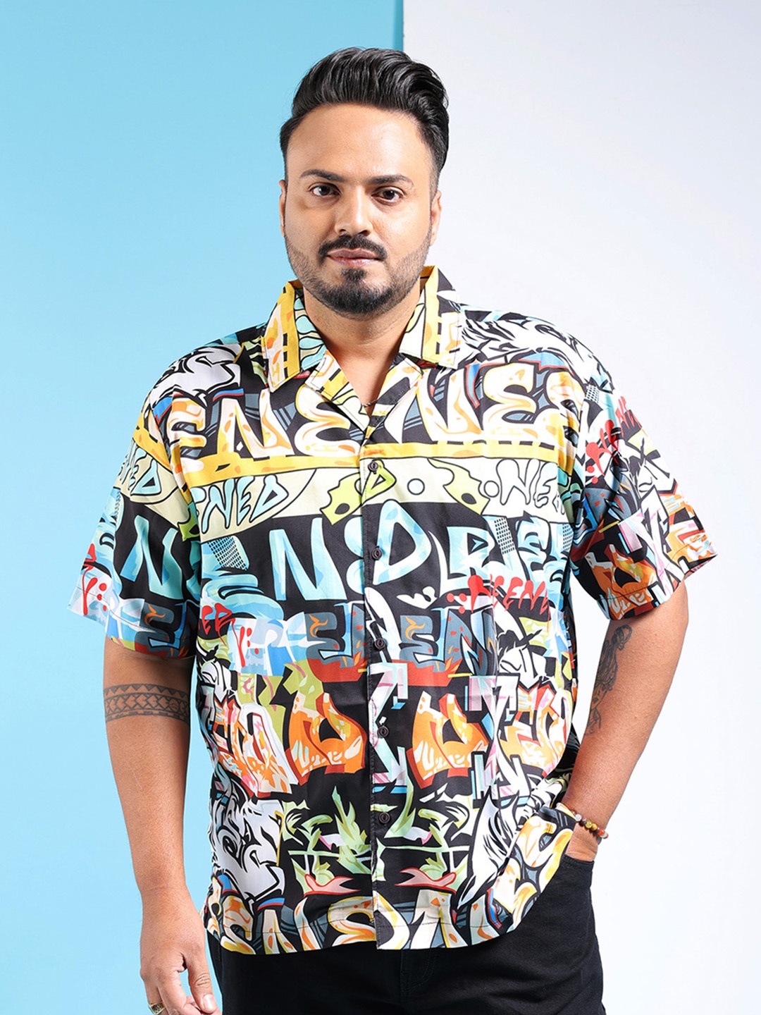 HARDSODA Plus Size Typography Printed Cuban Collar Casual Shirt, Black