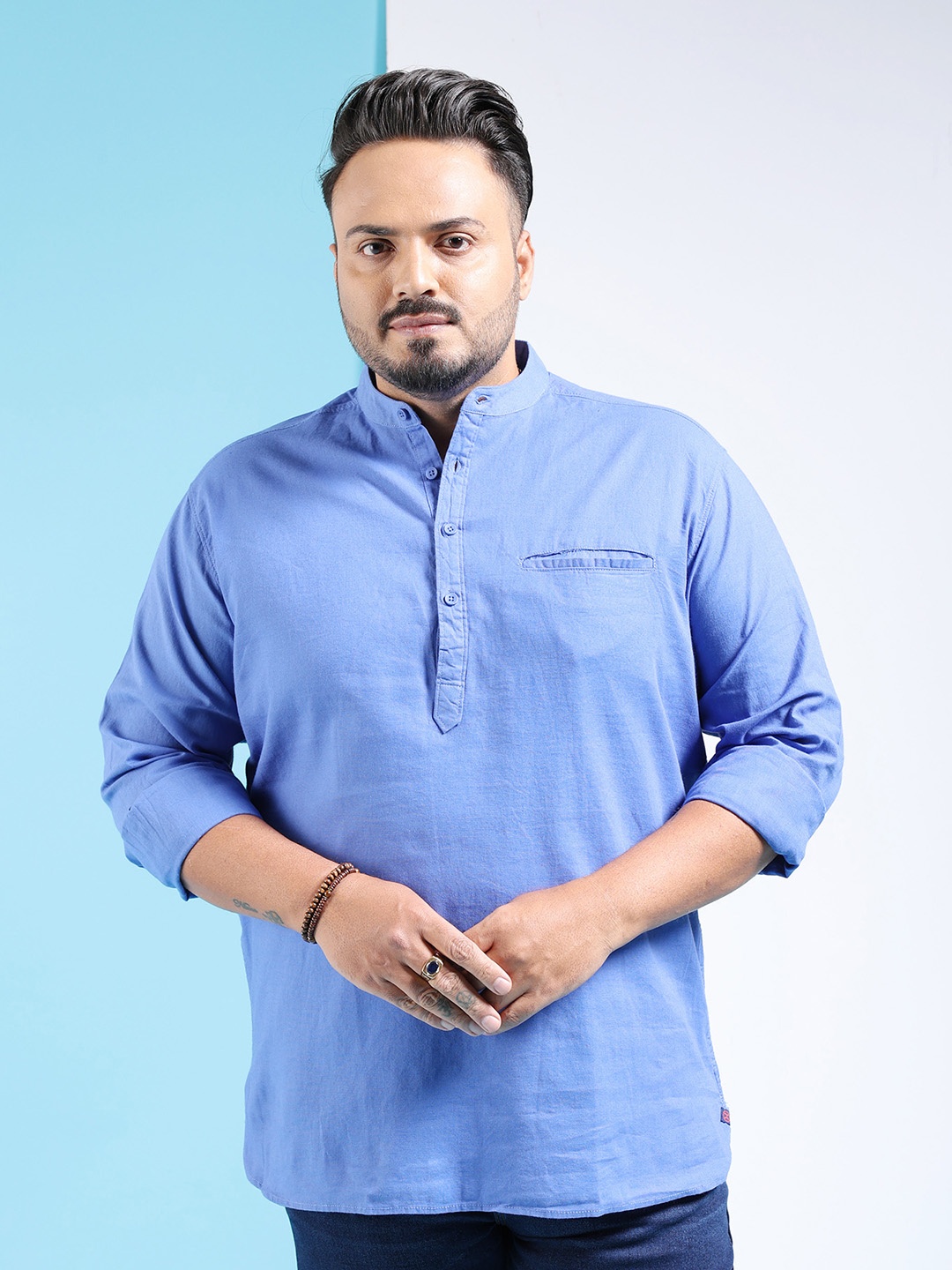 

Hardsoda by The Indian Garage Co Plus Size Band Collar Cotton Casual Shirt, Blue
