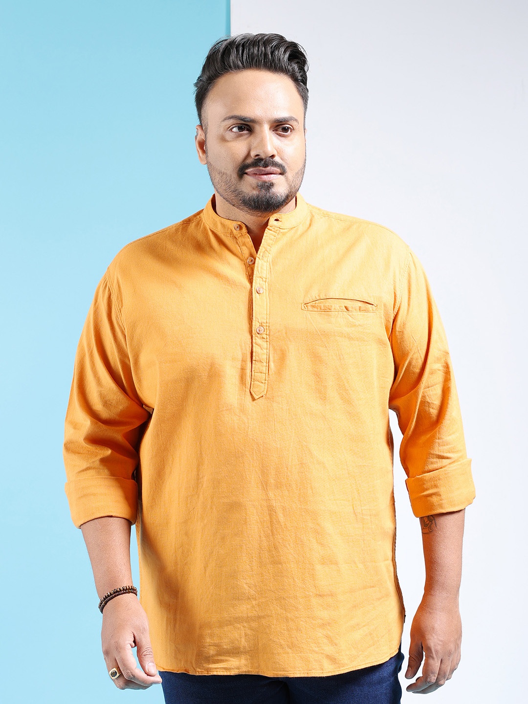 

Hardsoda by The Indian Garage Co Plus Size Band Collar Cotton Casual Shirt, Orange
