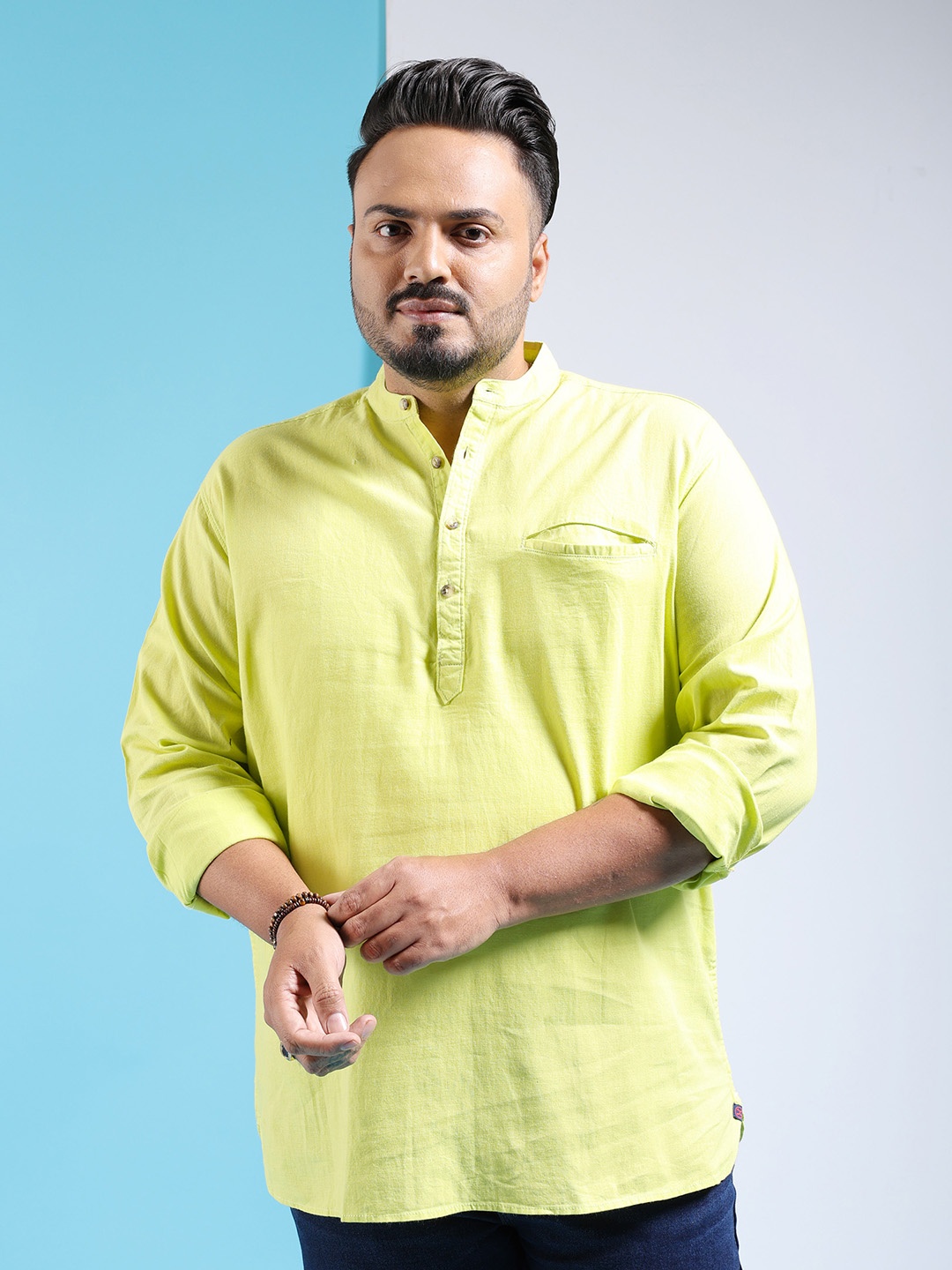 

HARDSODA Plus Size Band Collar Opaque Cotton Casual Shirt, Yellow