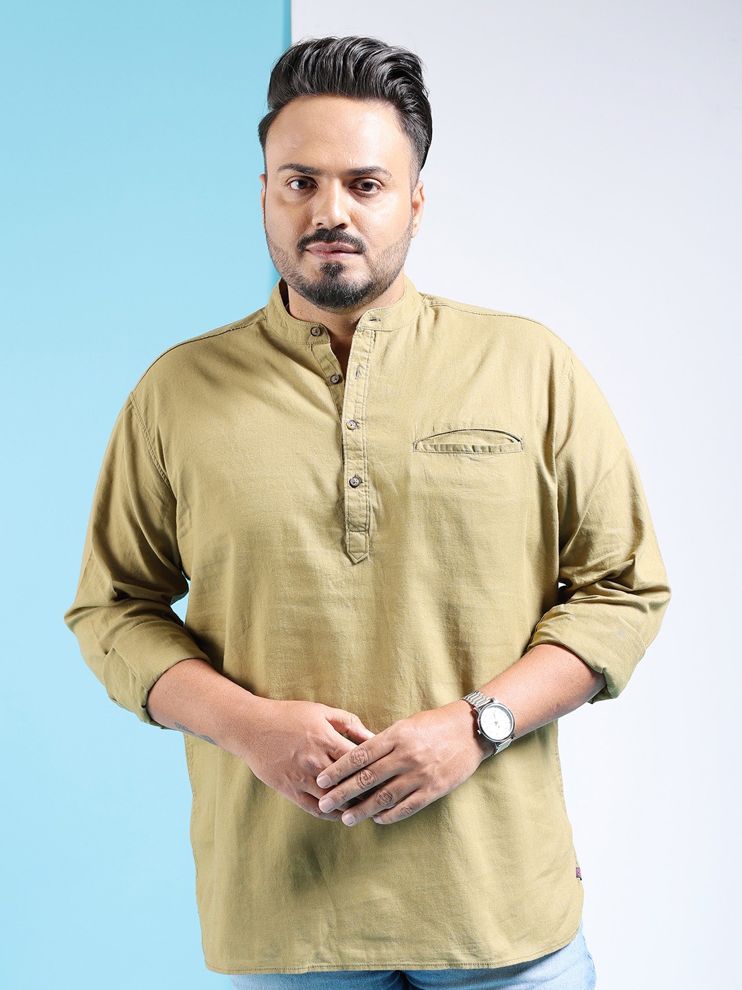 

HARDSODA Plus Size Band Collar Opaque Cotton Casual Shirt, Brown
