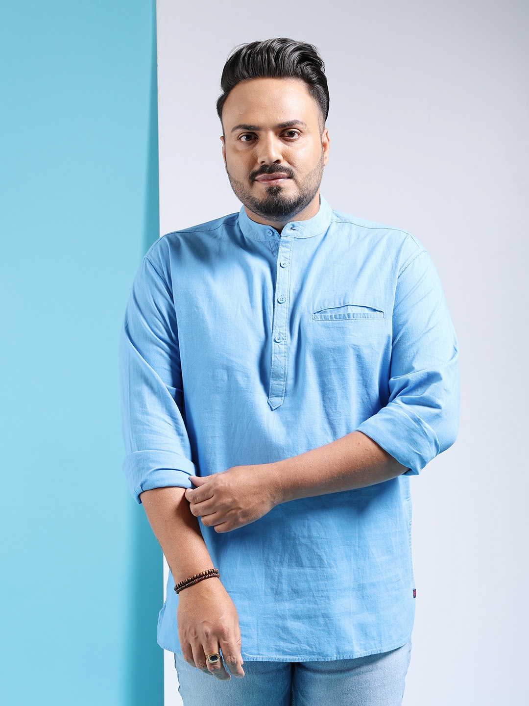 

Hardsoda by The Indian Garage Co Plus Size Band Collar Opaque Regular Fit Cotton Casual Shirt, Blue