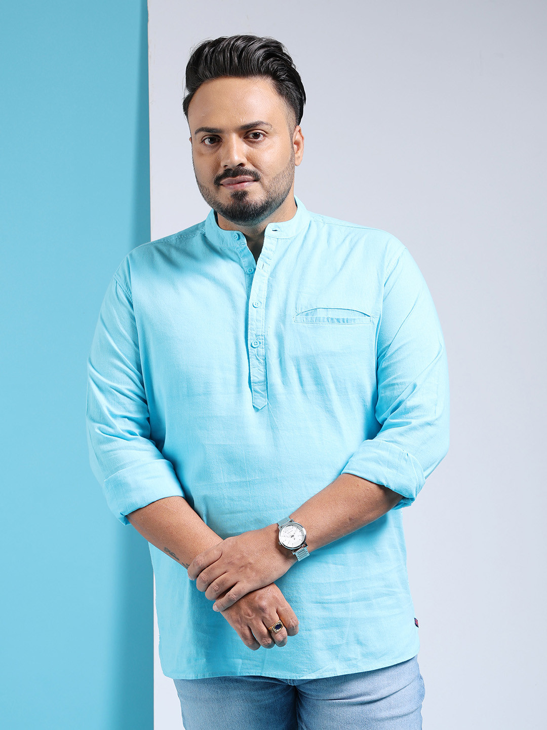 

HARDSODA Plus Size Band Collar Regular Fit Opaque Cotton Casual Shirt, Blue