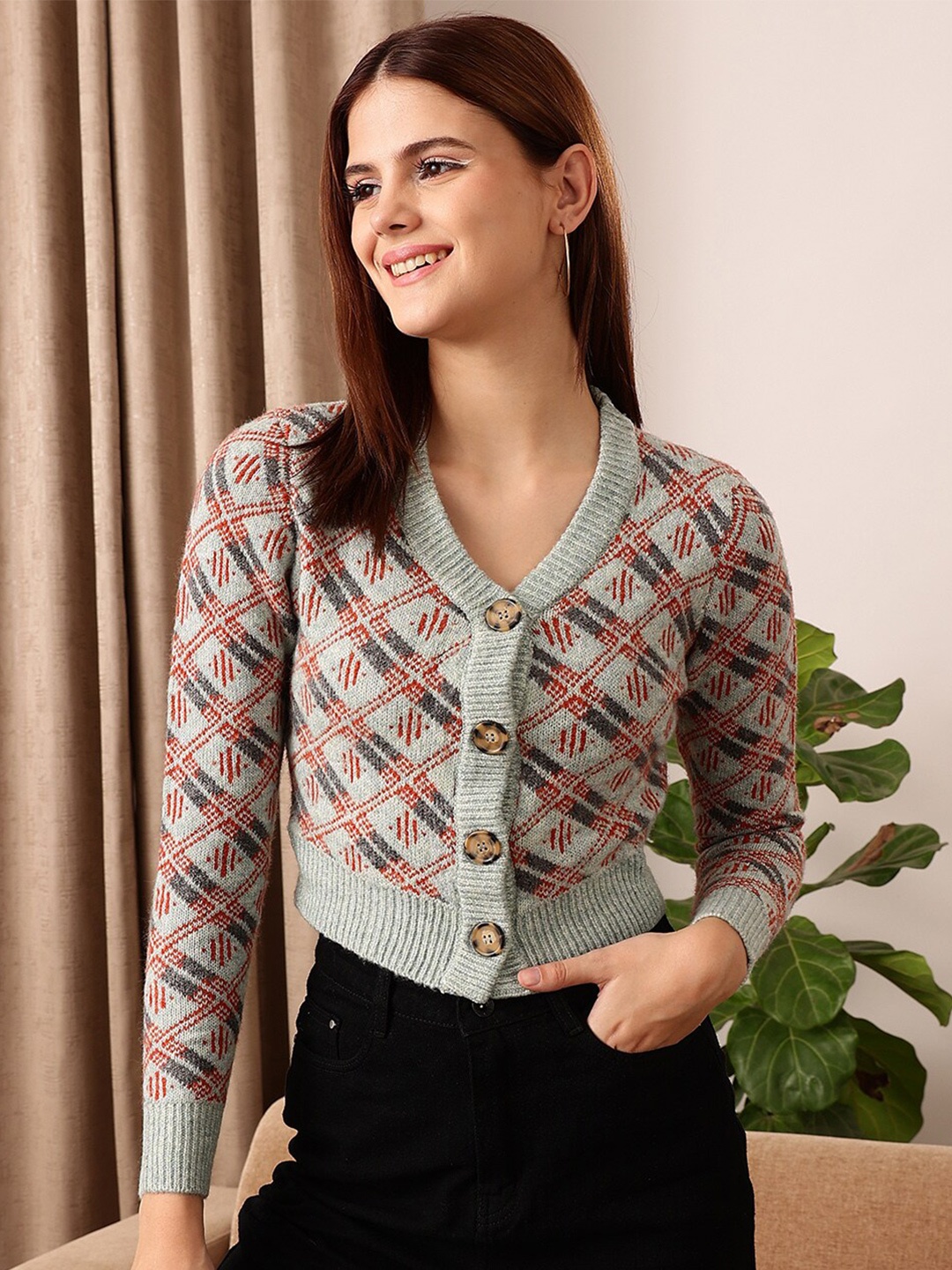 

STREET 9 Self Design Acrylic Crop Cardigan, Grey