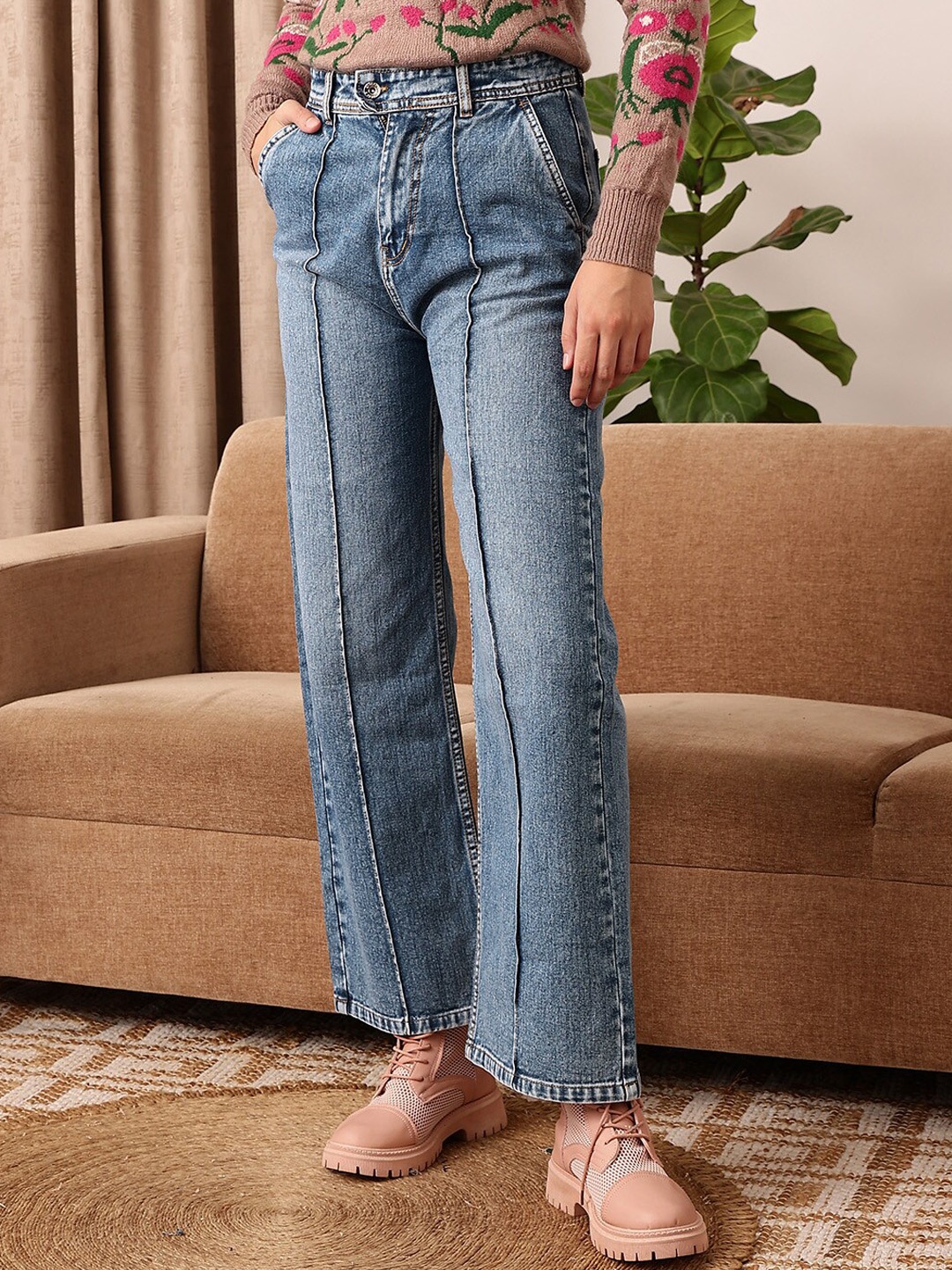 

STREET 9 Women Comfort Straight Fit Clean Look Light Fade Pure Cotton Jeans, Blue