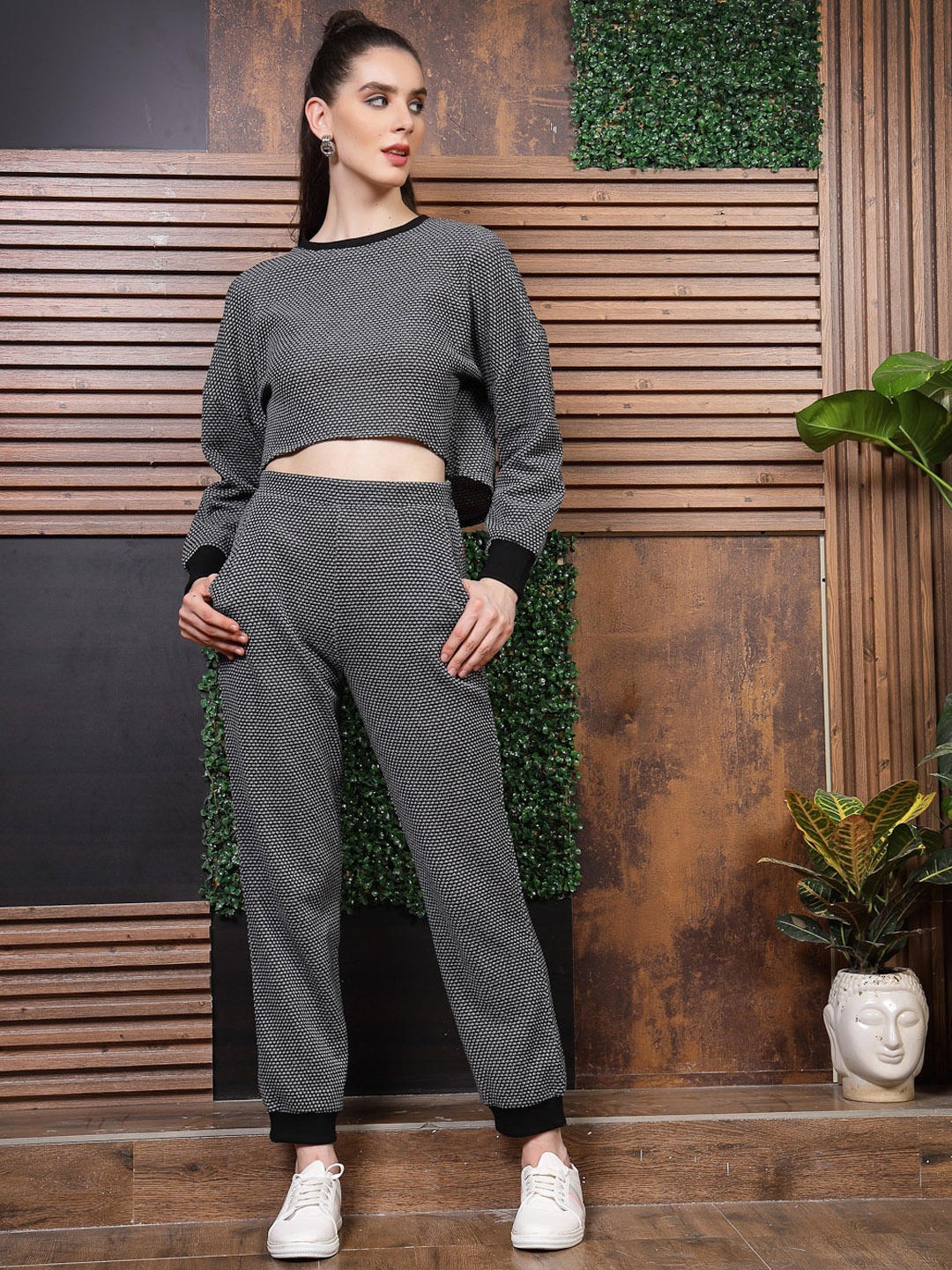 

Athena Self Design Round Neck Sweatshirt With Joggers, Black
