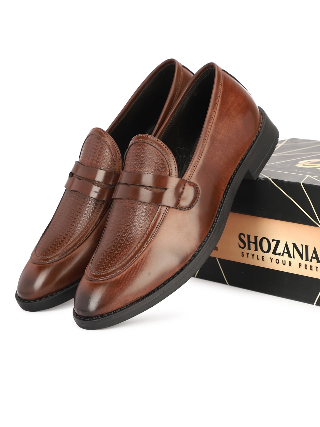 

SHOZANIA Men Textured Leather Formal Loafers, Brown