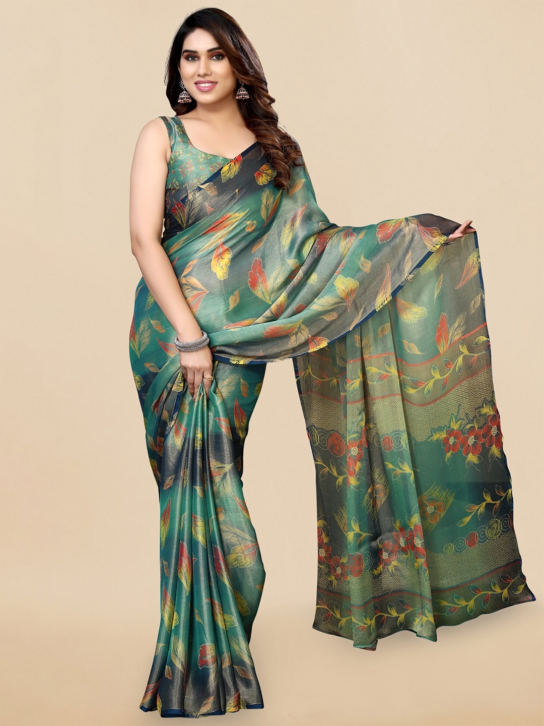 

MIRCHI FASHION Floral Printed Brasso Saree, Teal