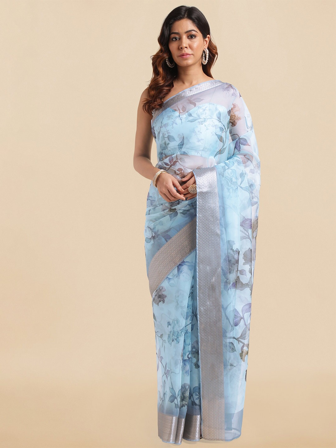 

MIRCHI FASHION Blue & Purple Floral Printed Zari Organza Saree