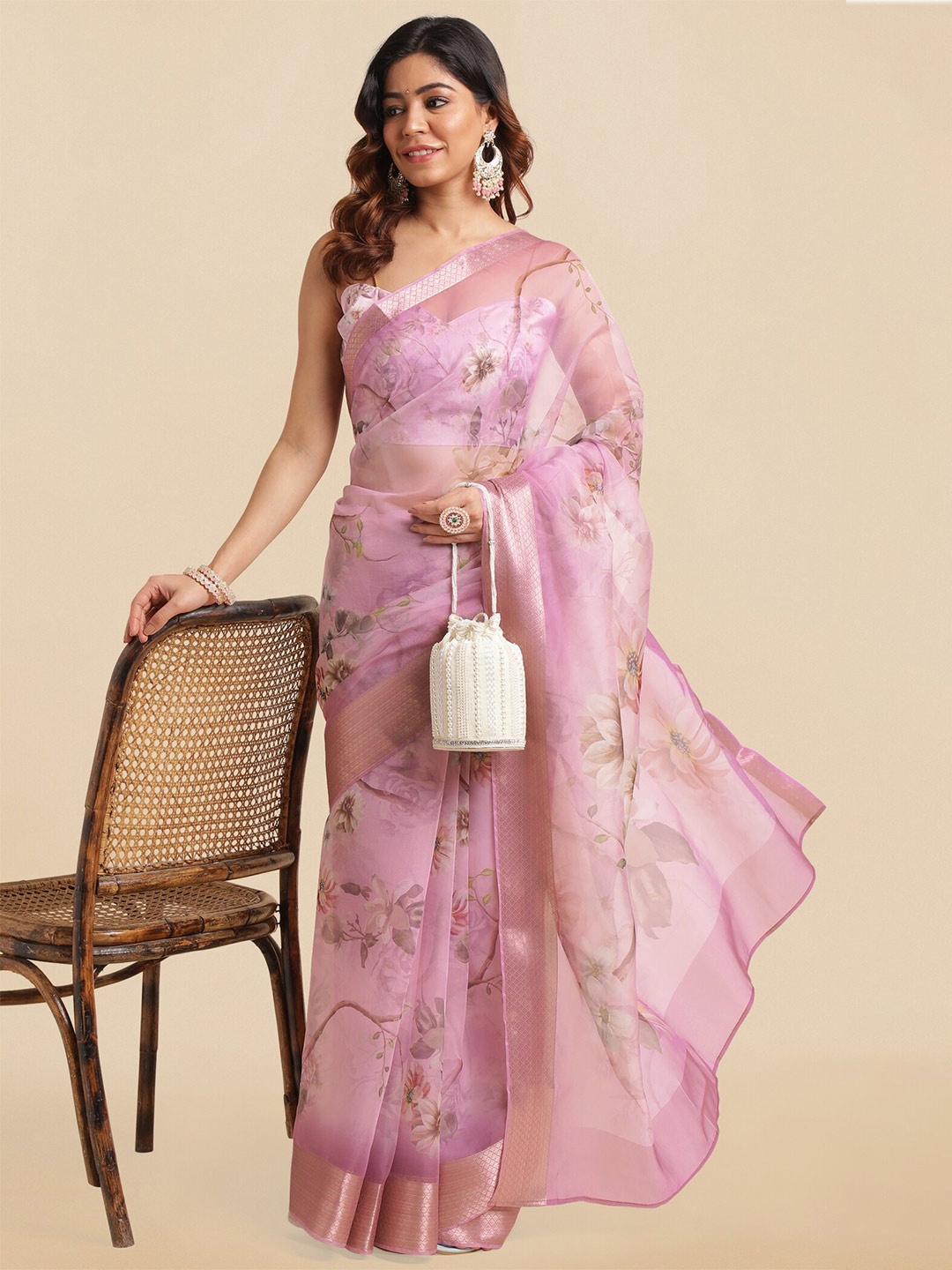 

MIRCHI FASHION Floral Printed Zari Organza Saree, Pink