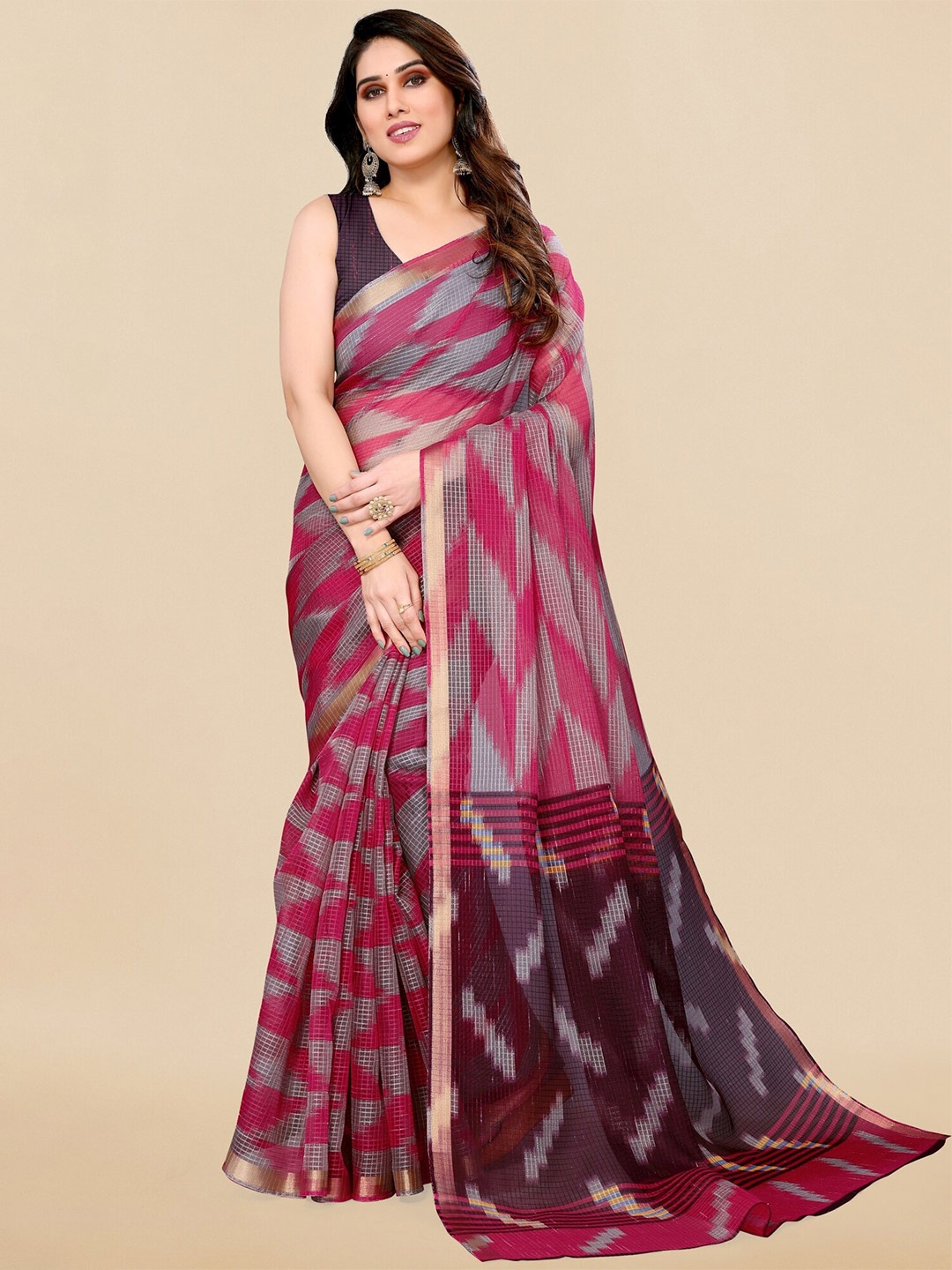 

MIRCHI FASHION Abstract Printed Zari Kota Doria Saree, Grey