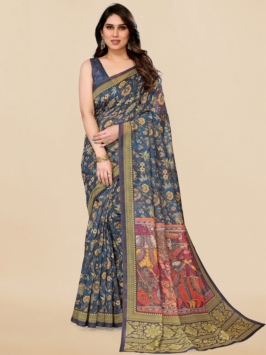 

MIRCHI FASHION Blue & Red Floral Printed Kalamkari Saree