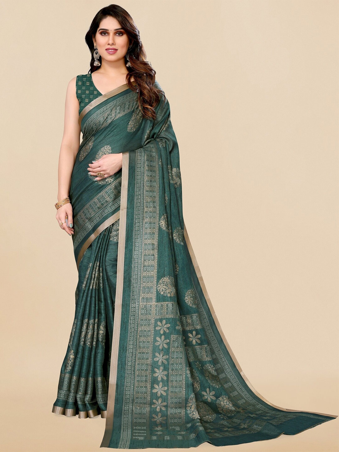 

MIRCHI FASHION Teal & Gold-Toned Floral Printed Zari Saree