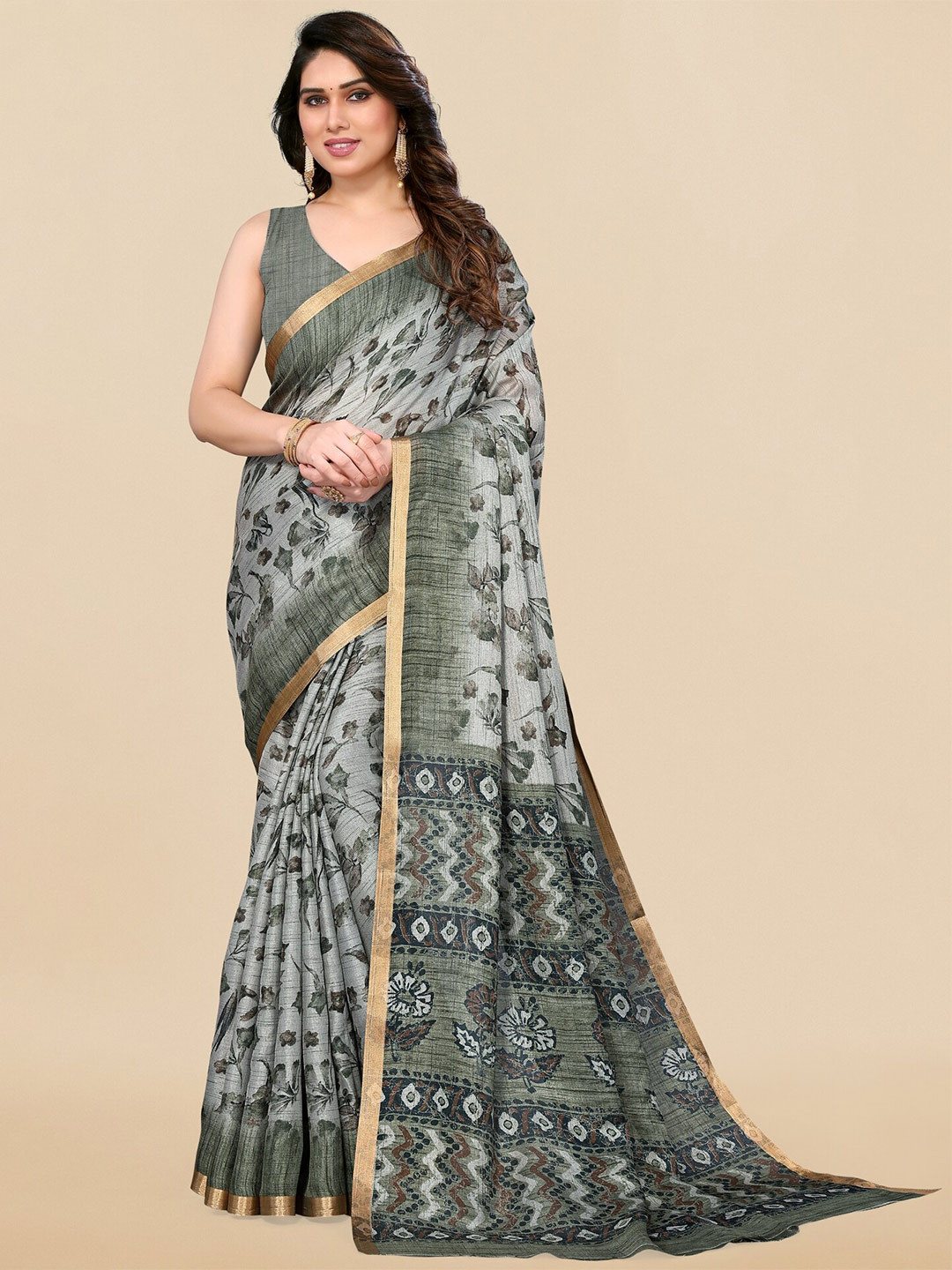 

KALINI Grey Floral Printed Zari Saree
