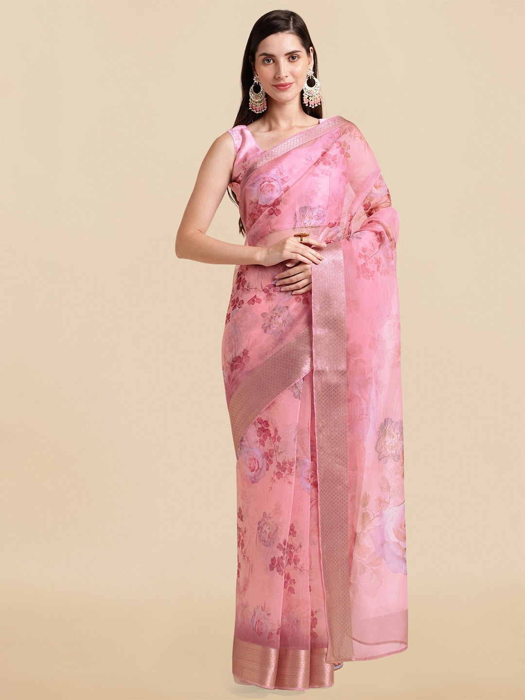 

MIRCHI FASHION Floral Printed Zari Organza Saree, Pink