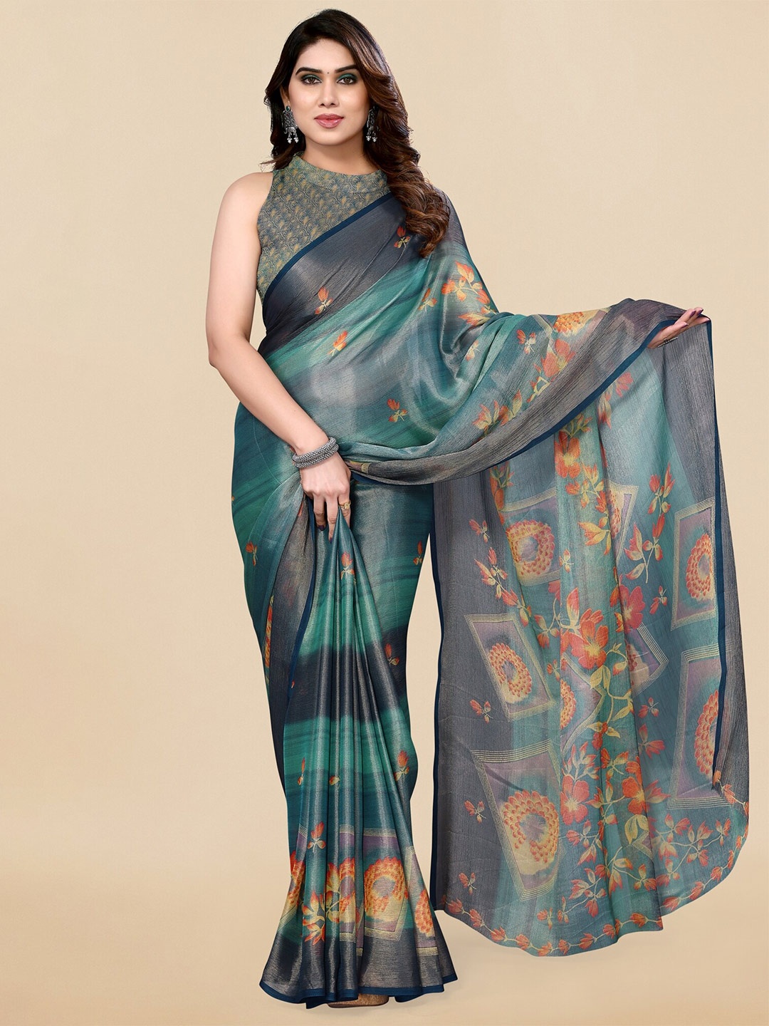 

MIRCHI FASHION Floral Printed Brasso Saree, Teal