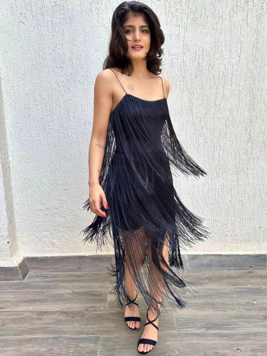 

FancyPants Shoulder Strap Fringed Knee Length Bodycon Dress, Black