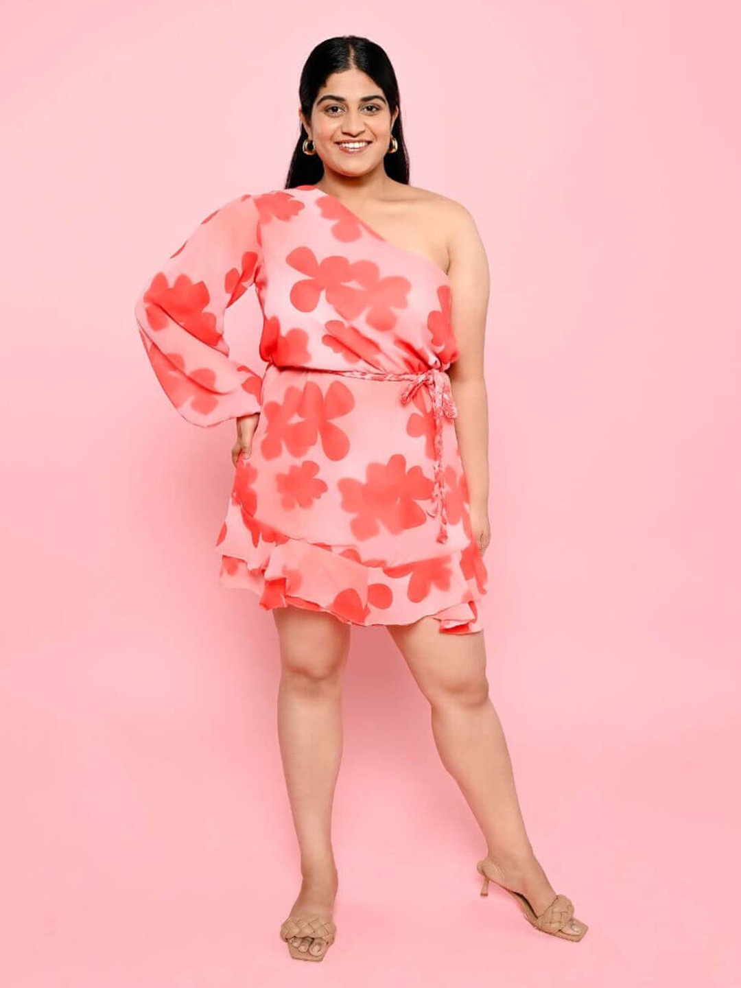 

FancyPants Floral PrintED One Shoulder Belted Georgette A-Line Dress, Red