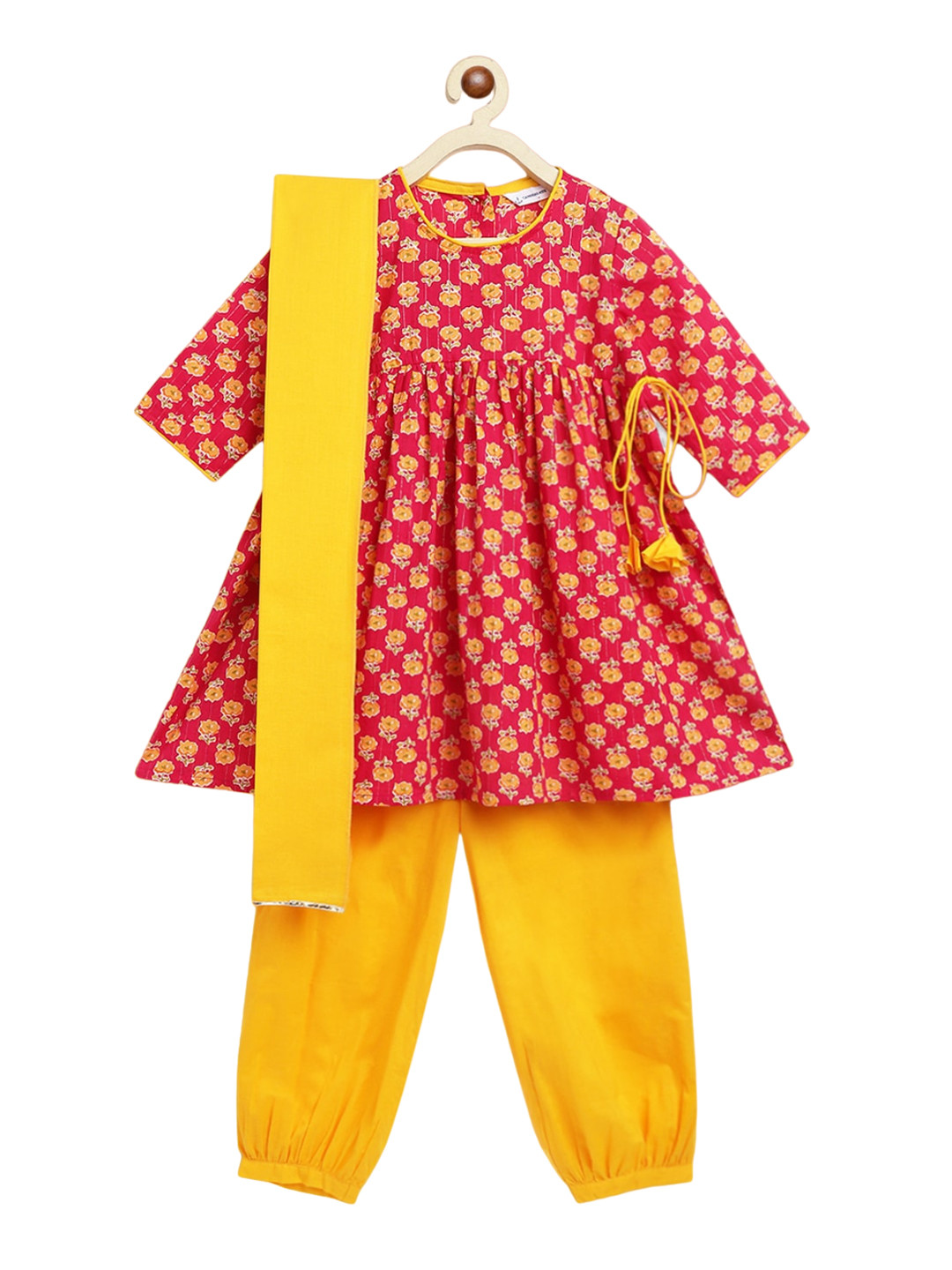 

Campana Girls Floral Printed Empire Gotta Patti Pure Cotton Kurta With Salwar & Dupatta, Pink