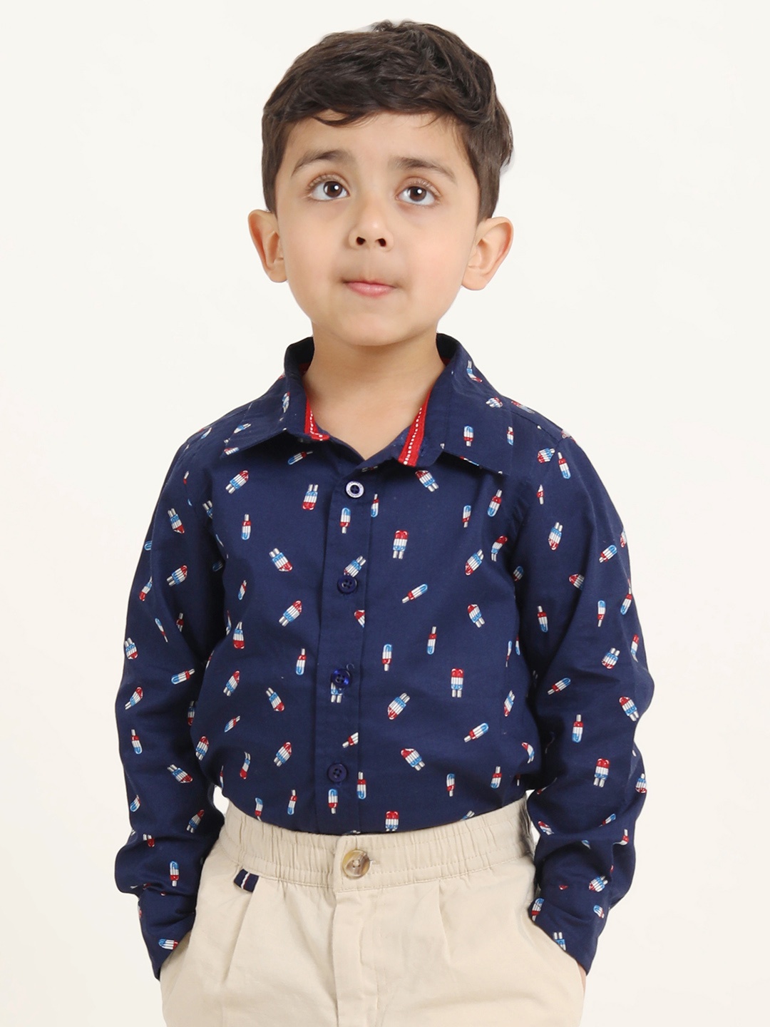 

Campana Boys Conversational Printed Cotton Casual Shirt, Navy blue