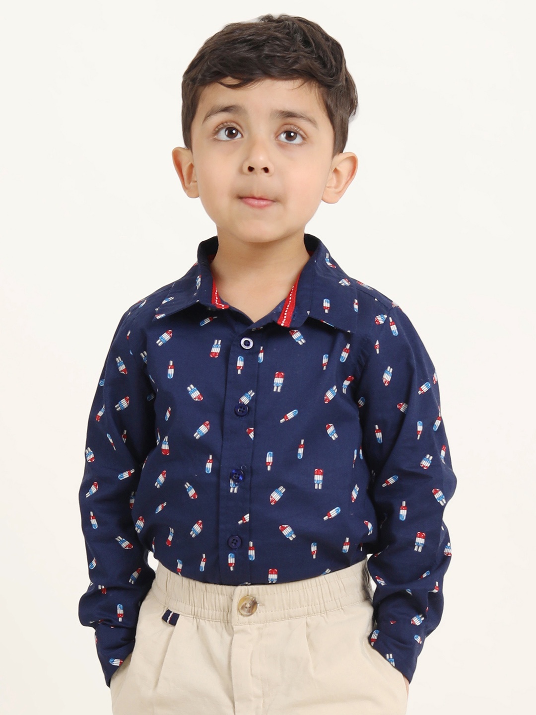 

Campana Boys Conversational Printed Cotton Casual Shirt, Navy blue
