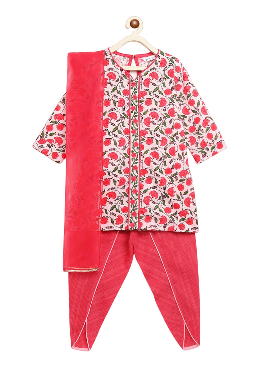 

Campana Girls Floral Printed Gotta Patti Pure Cotton Kurta with Dhoti Pants & Dupatta, Pink