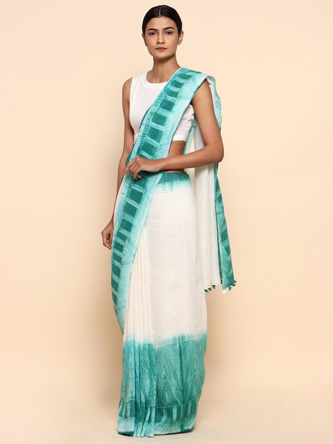 

CHOWDHRAIN Tie and Dye Pure Linen Saree, Green