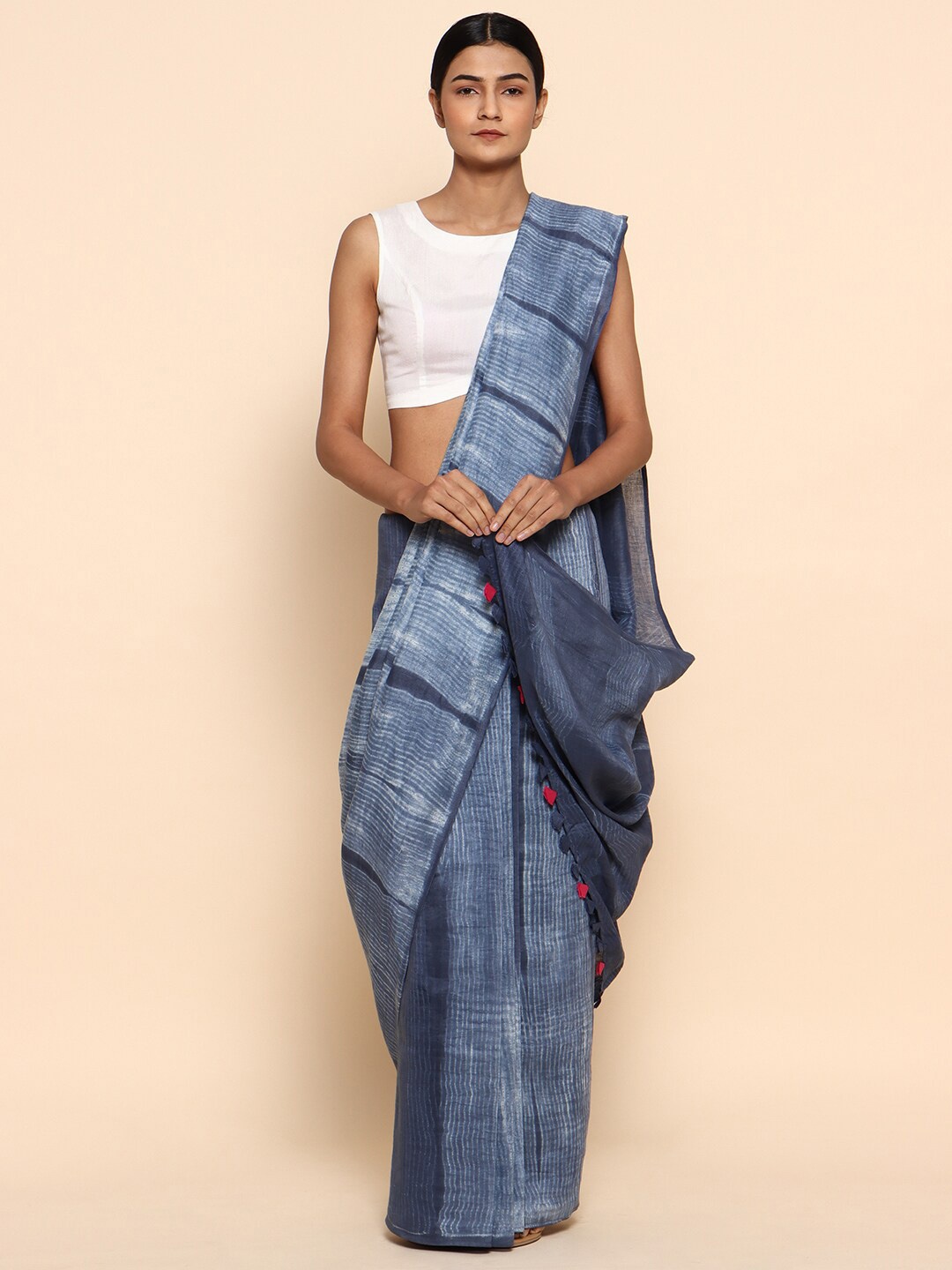 

CHOWDHRAIN Tie and Dye Pure Linen Saree, Blue