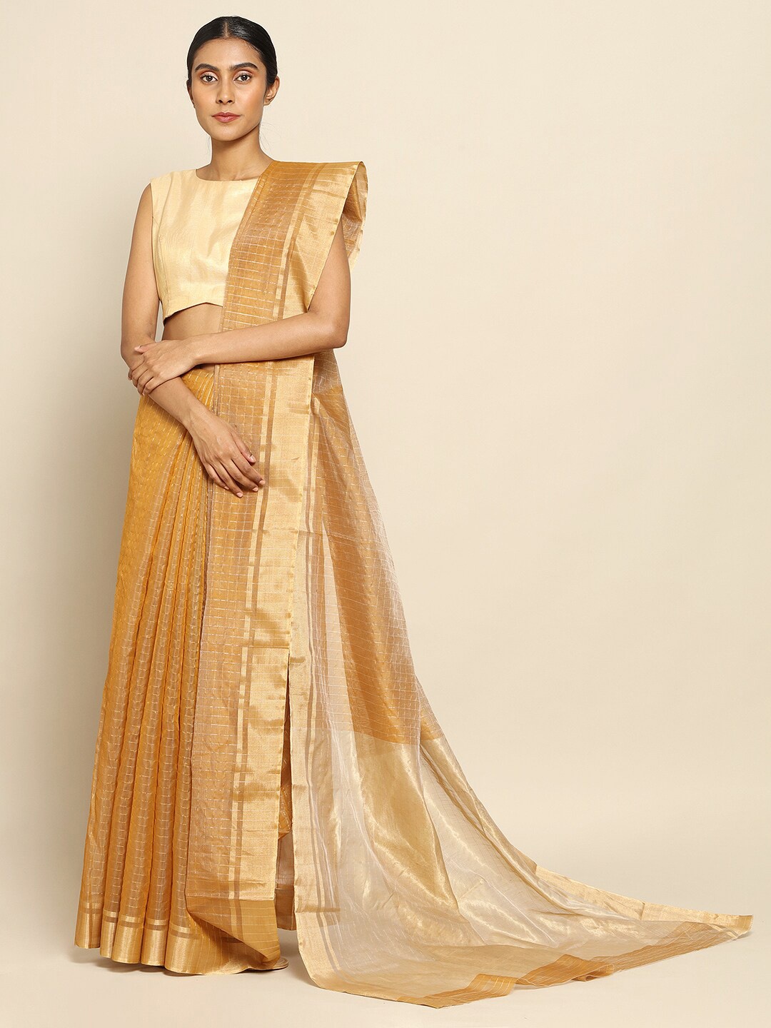 

CHOWDHRAIN Checked Zari Silk Cotton Chanderi Saree, Gold