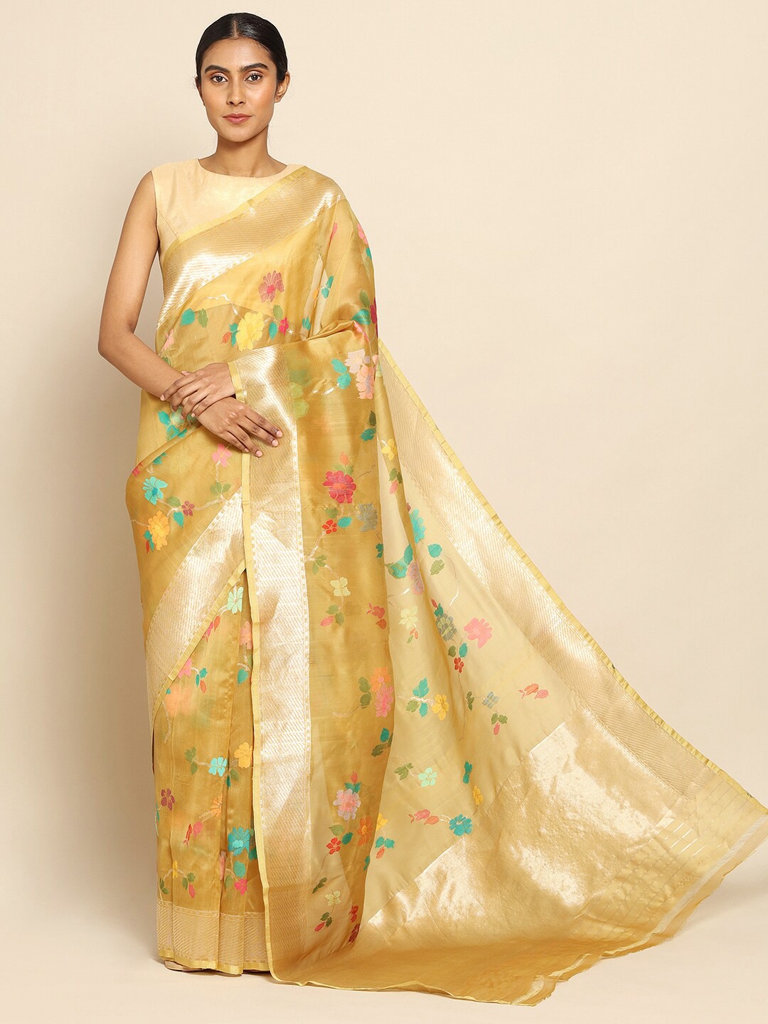 

CHOWDHRAIN Floral Woven Design Zari Pure Silk Chanderi Saree, Yellow