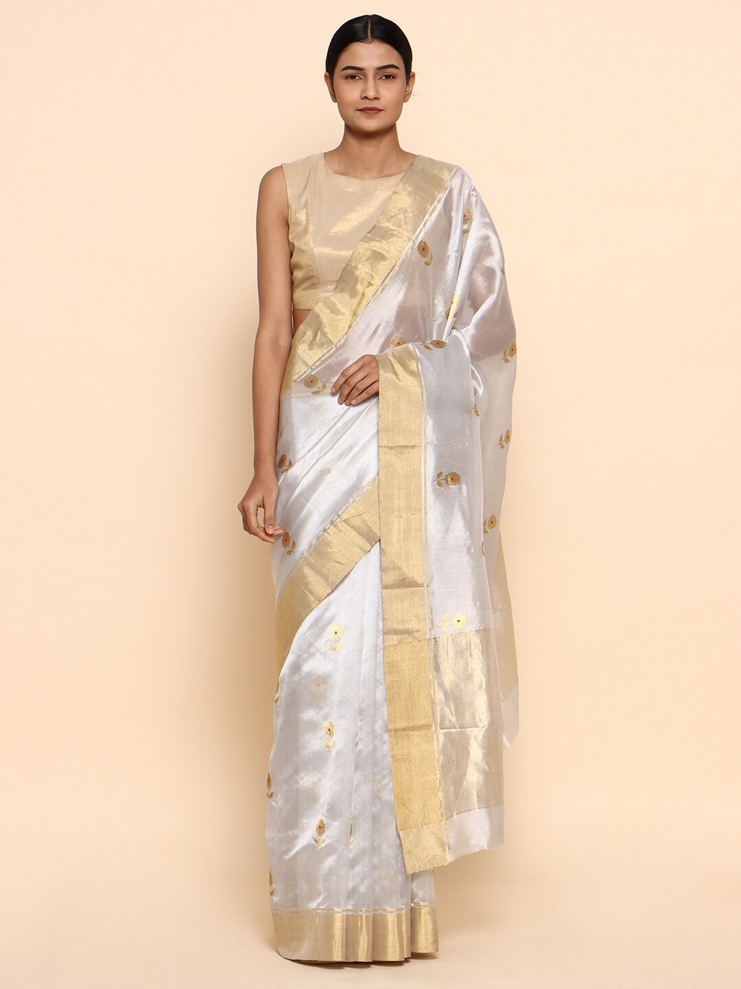 

CHOWDHRAIN Floral Woven Design Zari Pure Silk Chanderi Saree, Silver