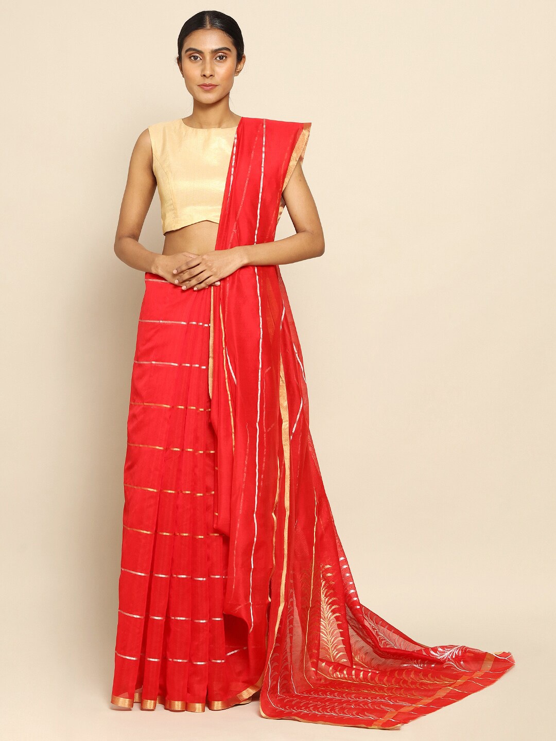 

CHOWDHRAIN Striped Zari Silk Cotton Chanderi Saree, Red