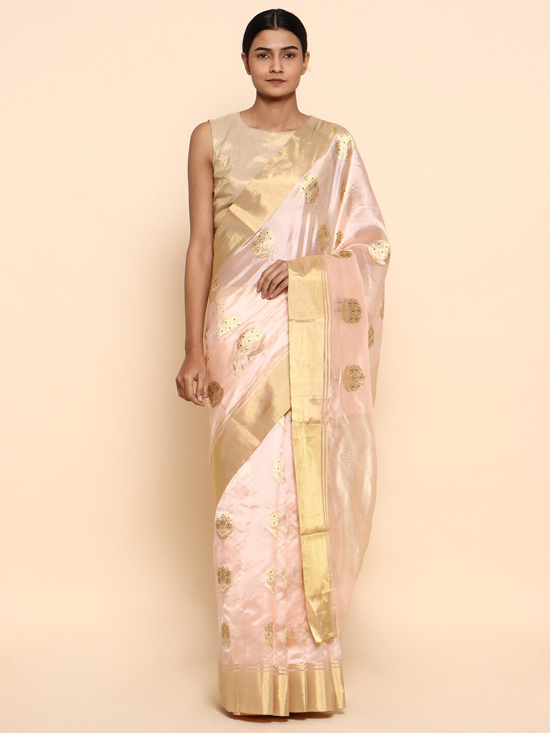 

CHOWDHRAIN Floral Woven Design Zari Pure Silk Chanderi Saree, Pink
