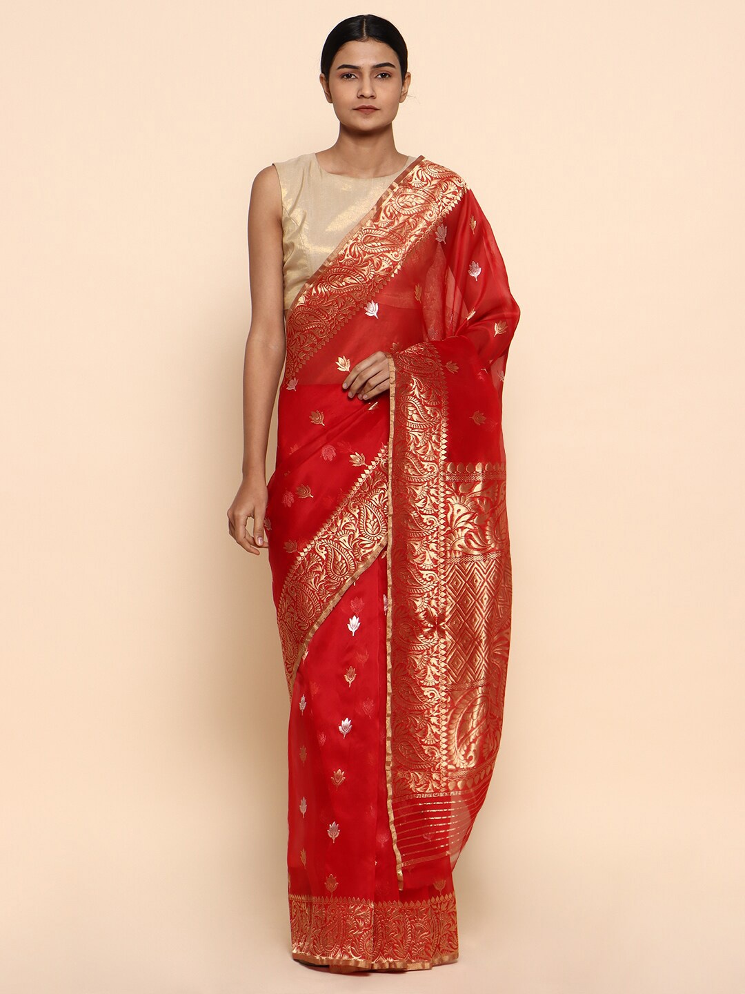 

CHOWDHRAIN Ethnic Motifs Woven Design Zari Pure Silk Banarasi Saree, Red