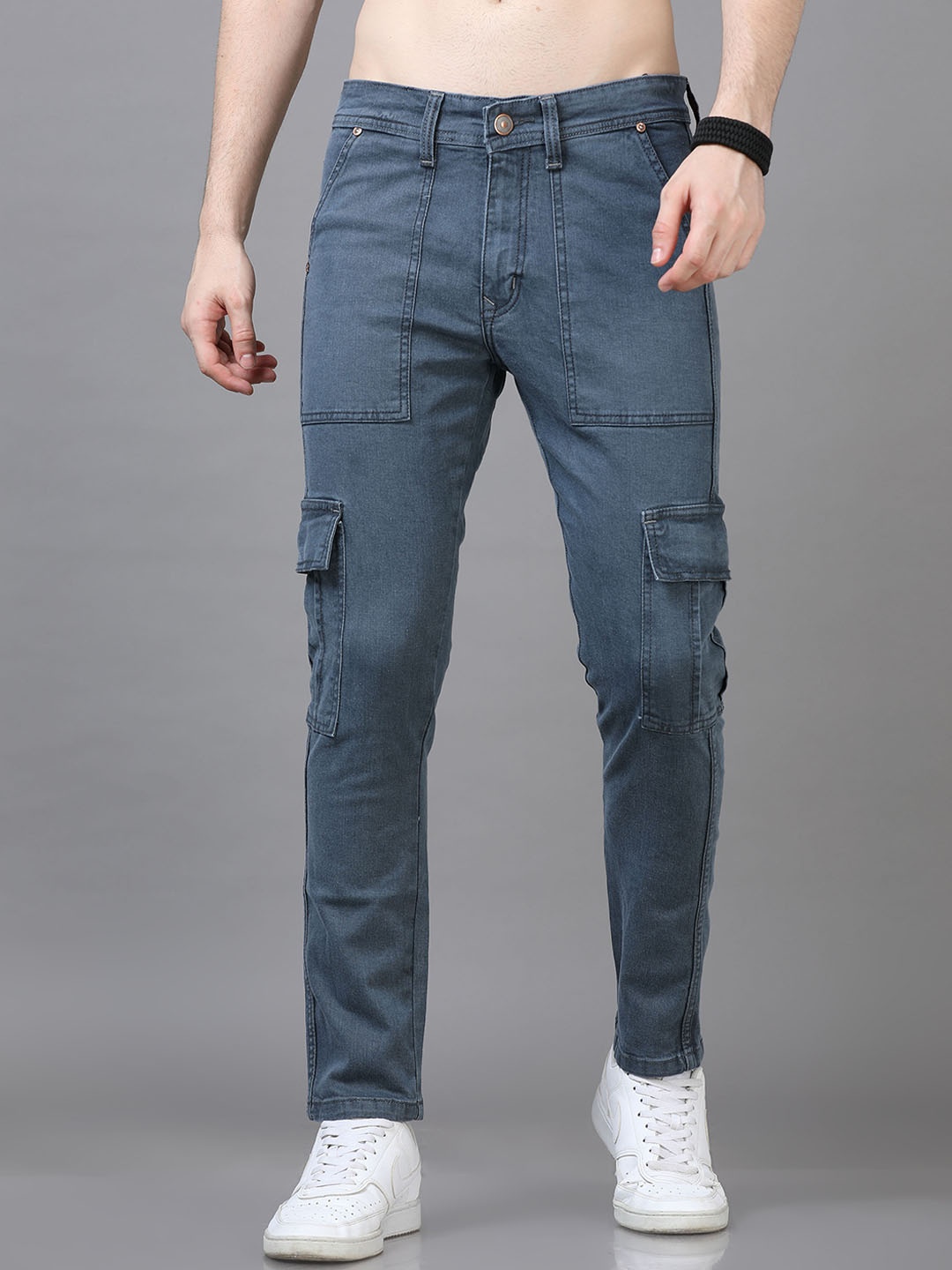 

Bushirt Men Slim Fit Mildly Distressed Stretchable Cargo Jeans, Grey