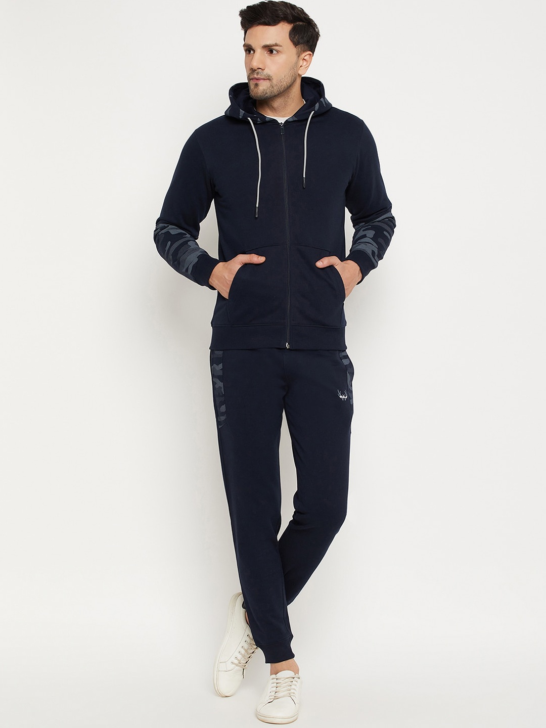 

WILD WEST Camouflage Printed Hooded Cotton Fleece Tracksuit, Navy blue