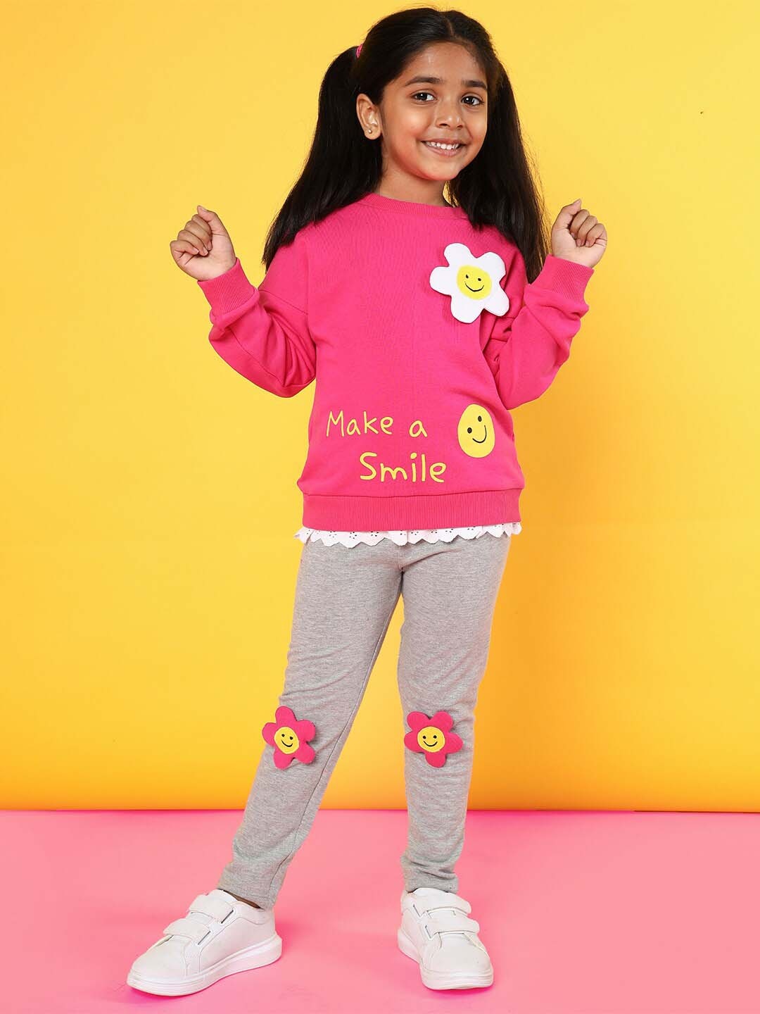 

Nauti Nati Girls Typographic Printed Sweatshirt with Trousers, Fuchsia