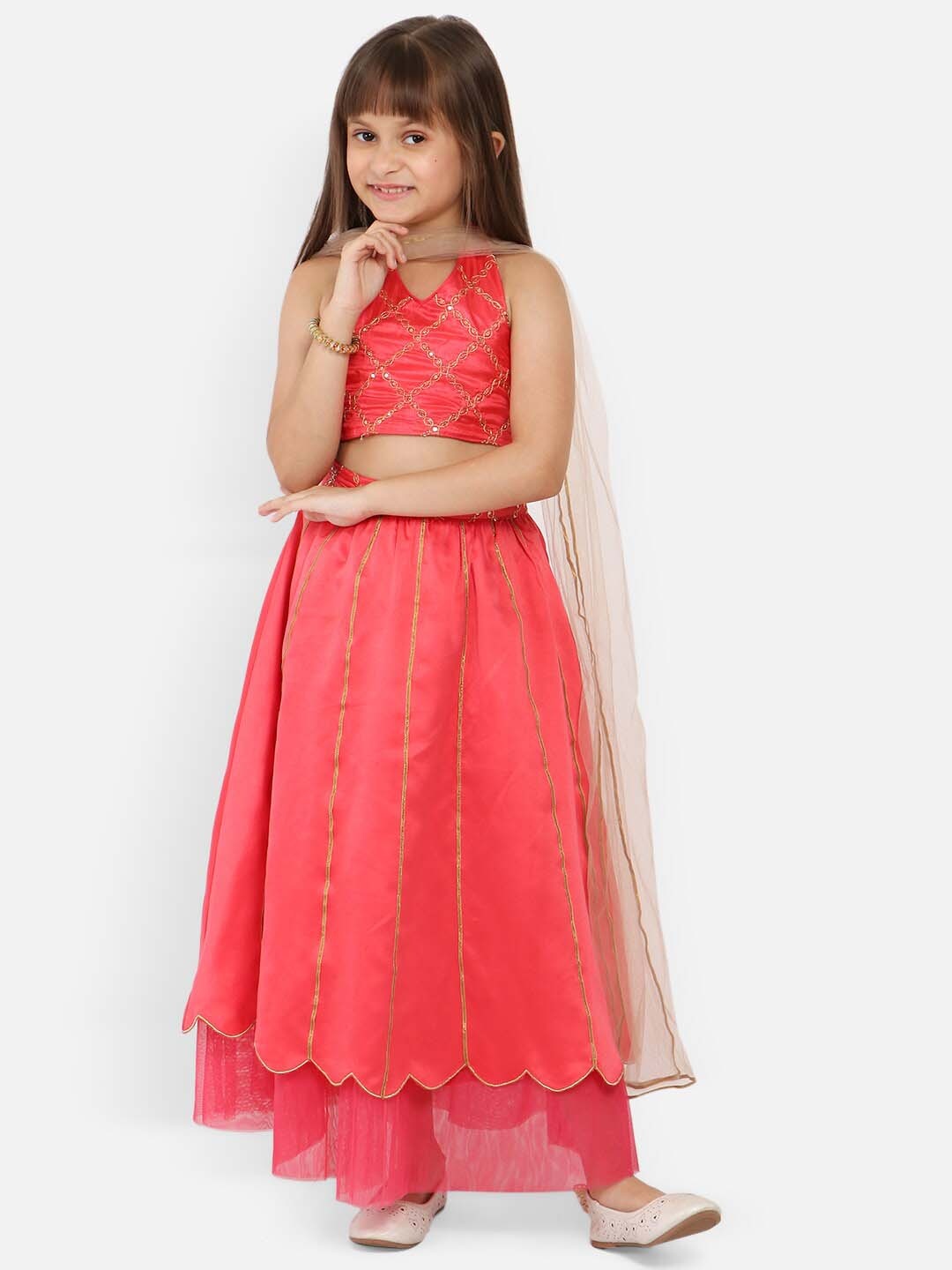 

Nauti Nati Girls Embellished Ready to Wear Lehenga & Blouse With Dupatta, Coral