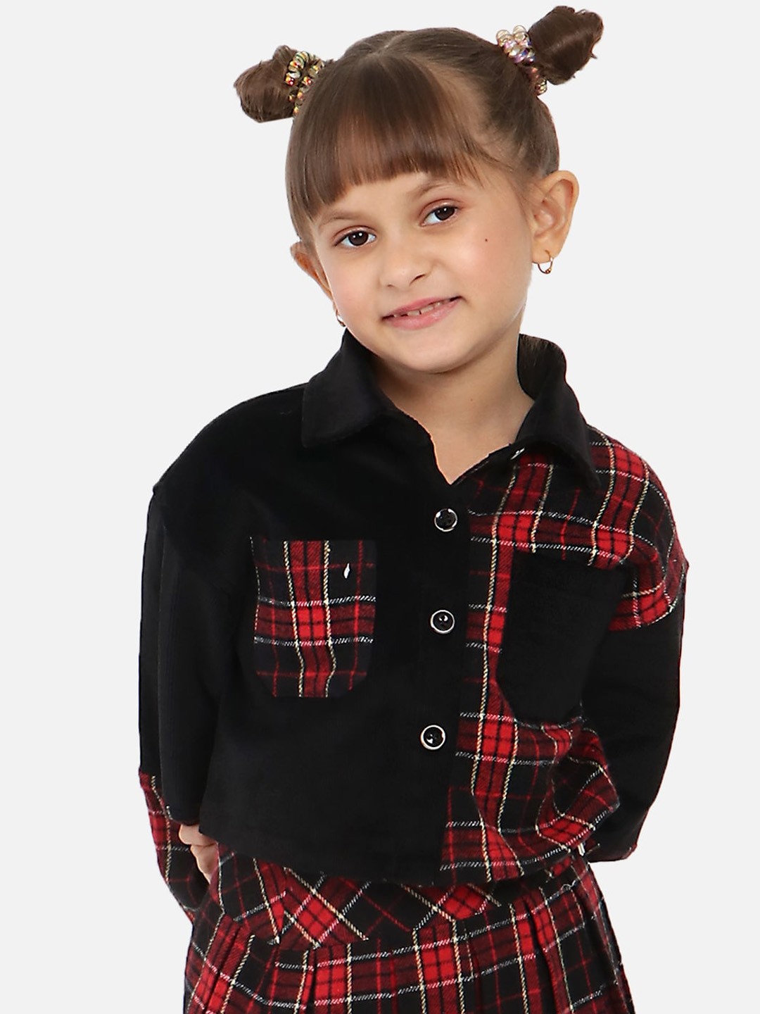 

Nauti Nati Girls Checked Lightweight Antimicrobial Crop Tailored Jacket with Patchwork, Red