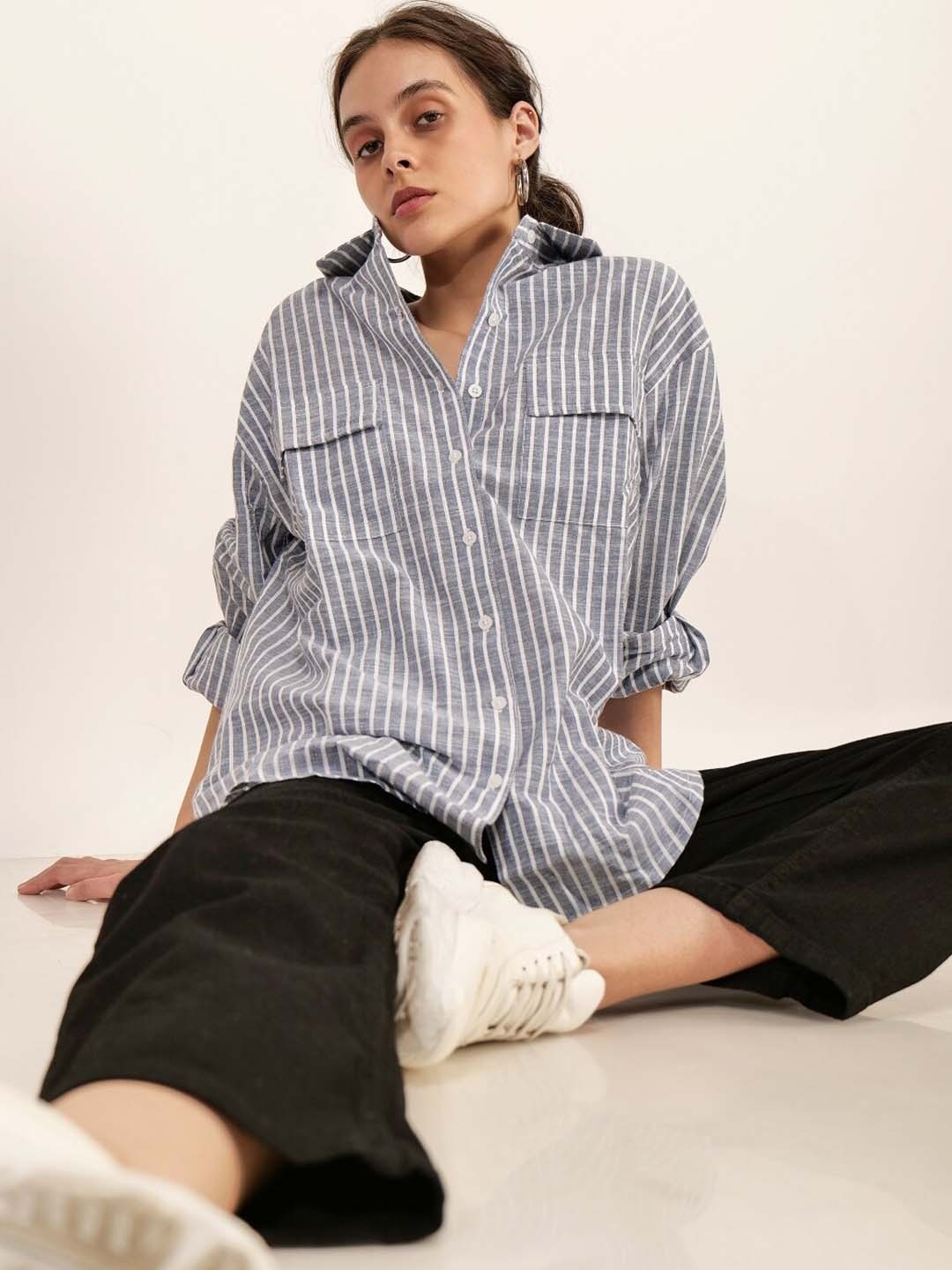 

Mast & Harbour Grey Vertical Striped Opaque Pure Cotton Oversized Casual Shirt