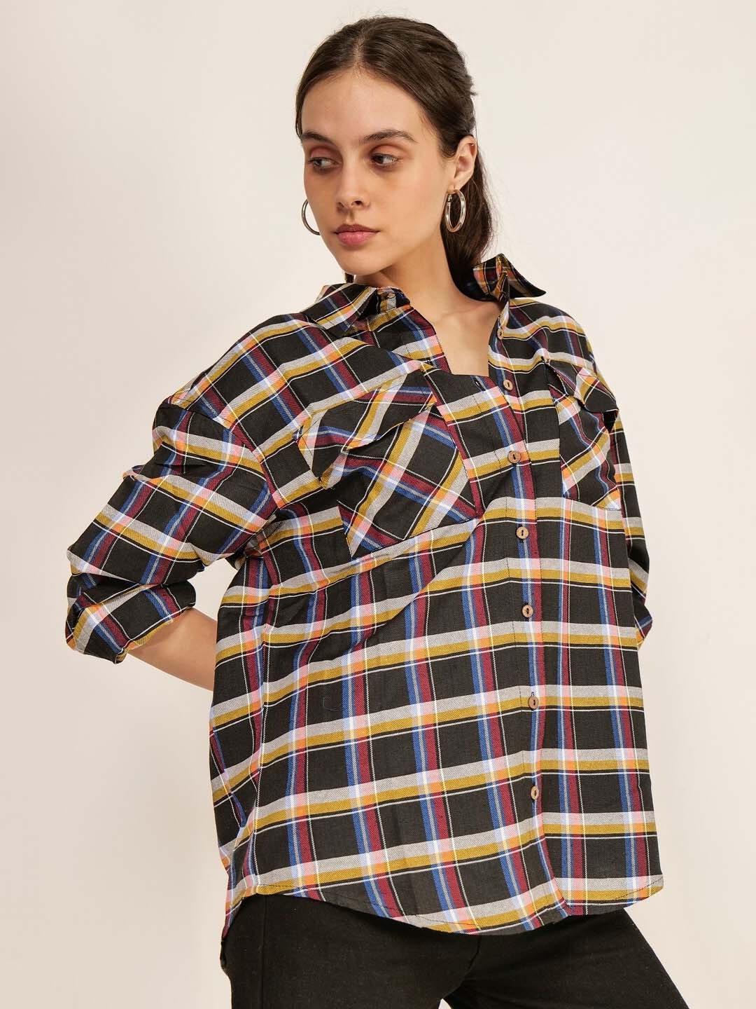 

Mast & Harbour Oversized Checked Spread Collar Casual Shirt, Black
